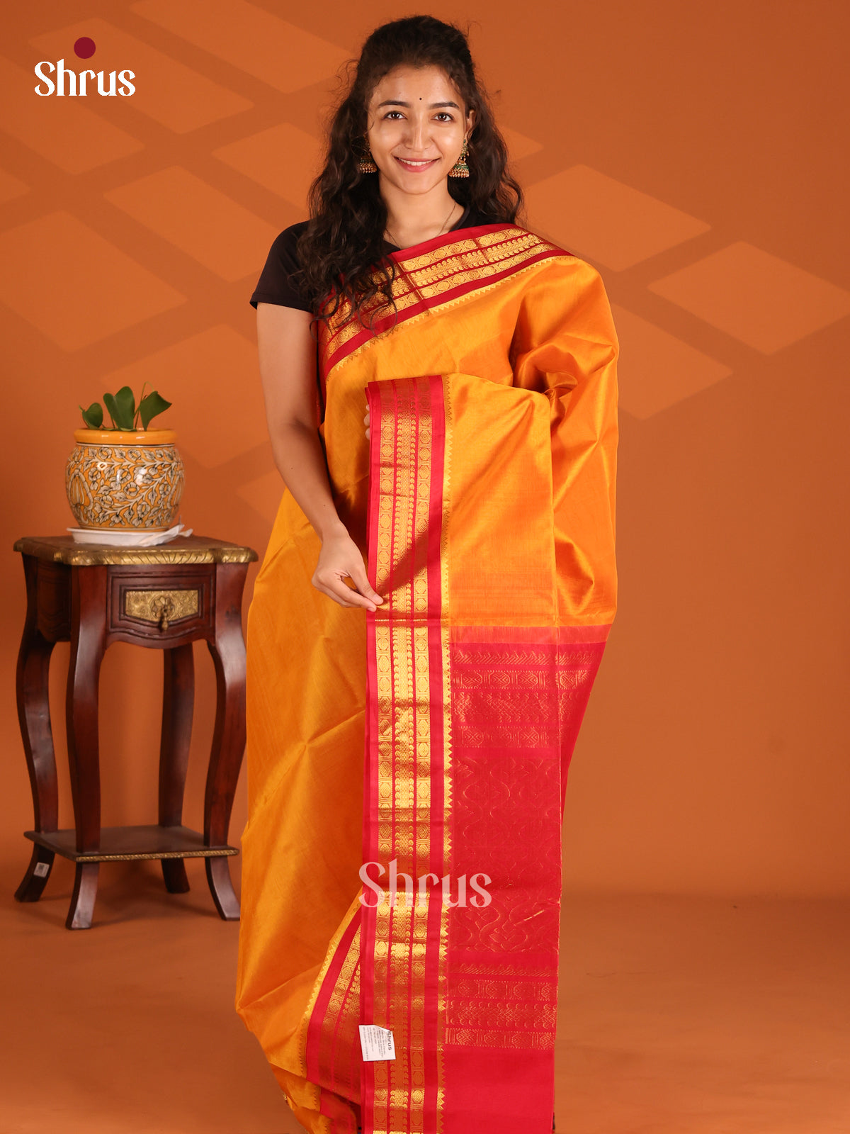 Lustrous Mambala Yellow Silk Cotton Saree with Contrast Red zari border - Shop on Shrus.com