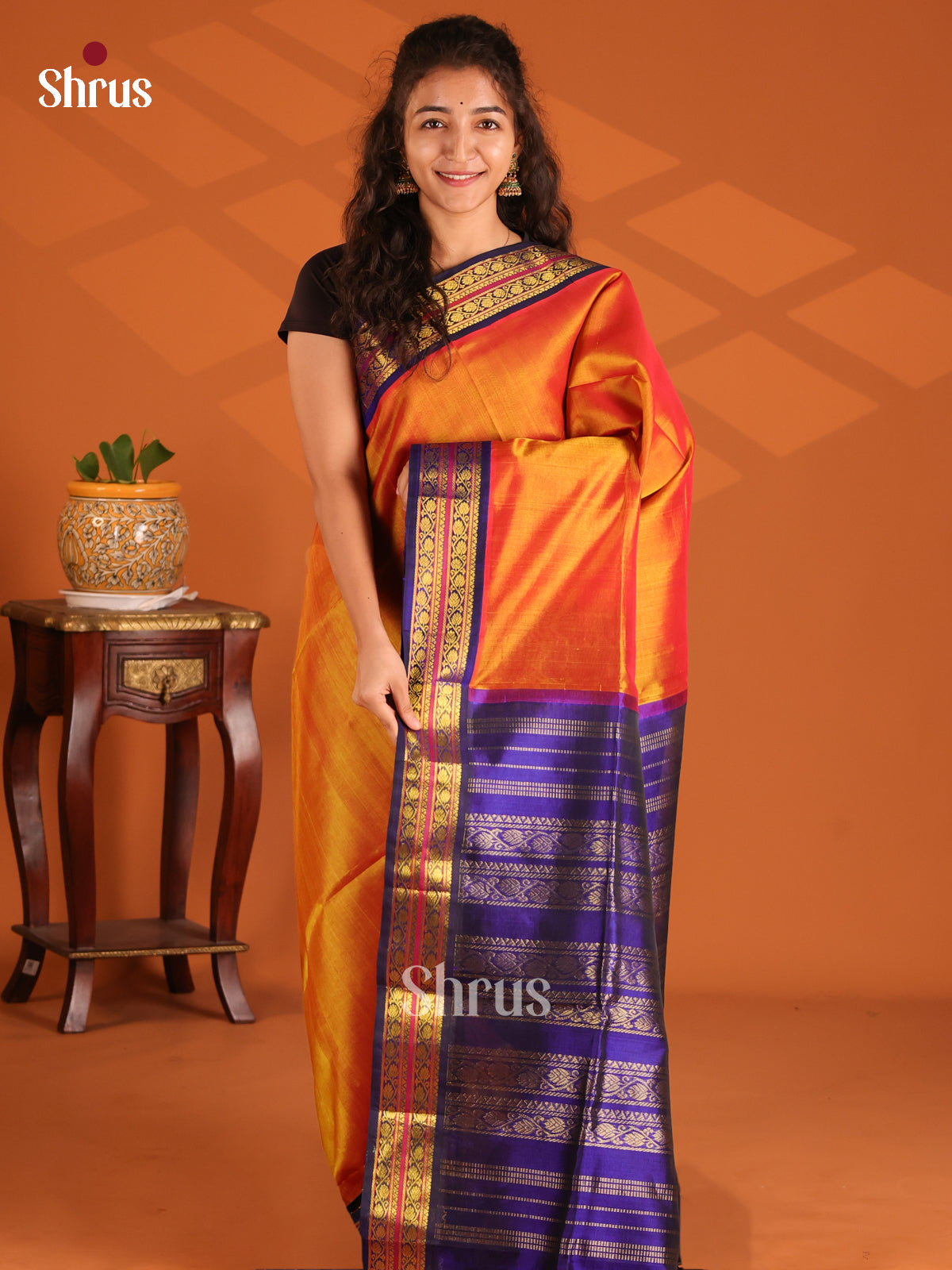 Radiant Orange Silk Cotton Saree with blue gold zari floral vines border - Shop on Shrus.com