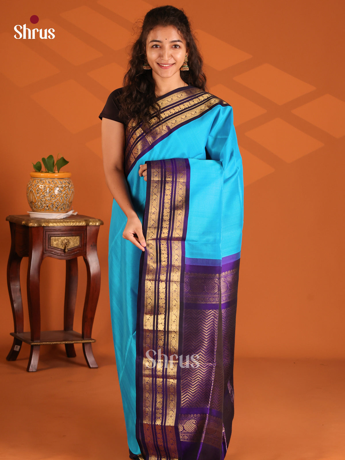 Vibrant Sky Blue Silk Cotton Saree with contrast blue zari wavy stripes brocade pallu - Shop on Shrus.com