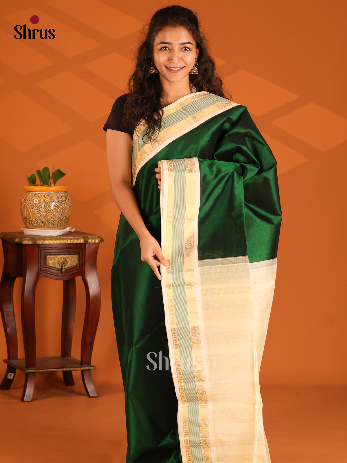 Classy Bottle Green Silk Cotton Saree with contrast Cream rettaipet zari border - Shop on Shrus.com