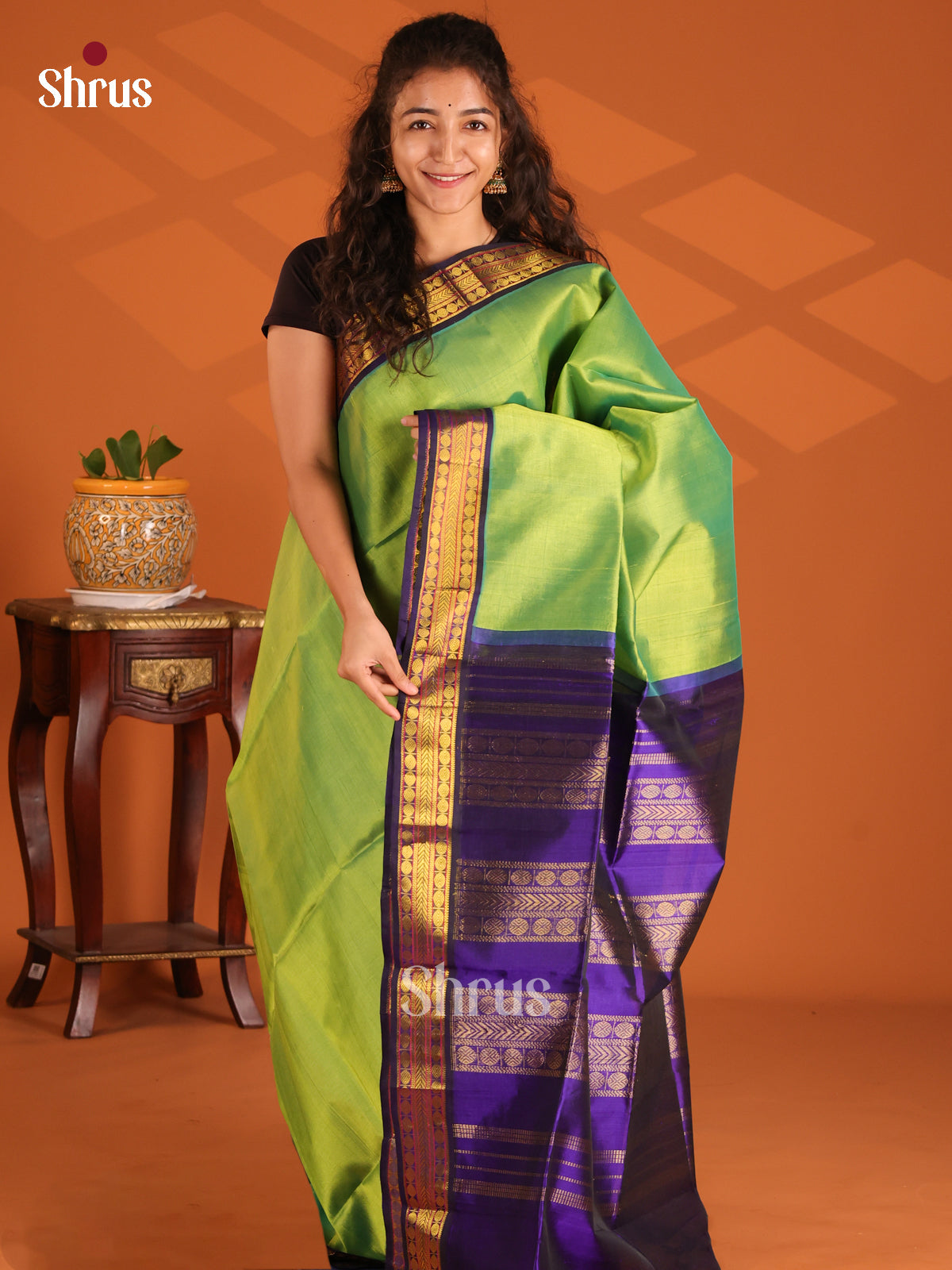 Glimmering Lite Green Silk Cotton Saree with contrast blue zari border - Shop on Shrus.com