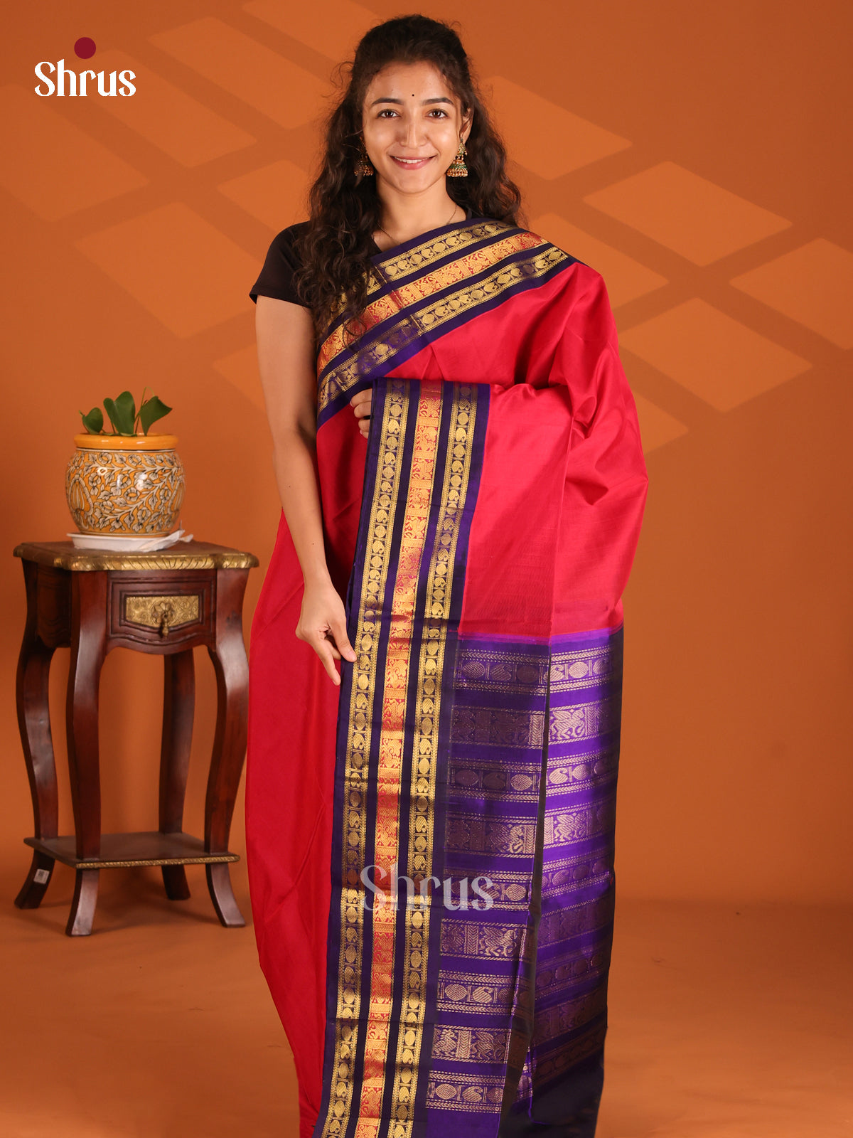 Bright Red Silk Cotton Saree with blue gold zari border with manga, peacock buttas