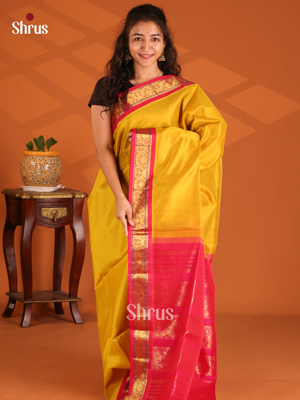 Lustrous Yellow & Red Silk Cotton Saree with floral vines zari woven border - Shop on Shrus.com