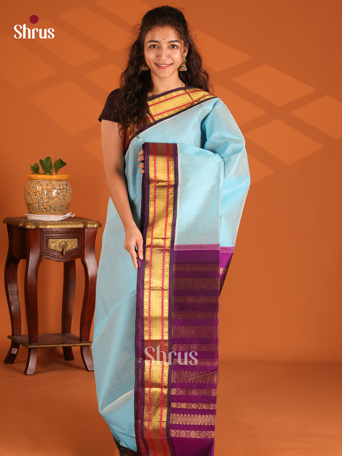 Charming Pastel Blue Silk Cotton Saree contrast purple zari border - Shop on Shrus.com