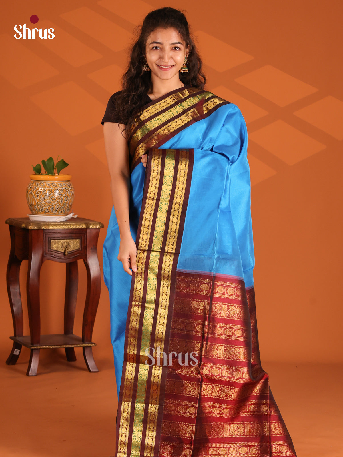Vibrant Blue Silk Cotton Saree with gold zari paisleys yalli buttas in maroon border