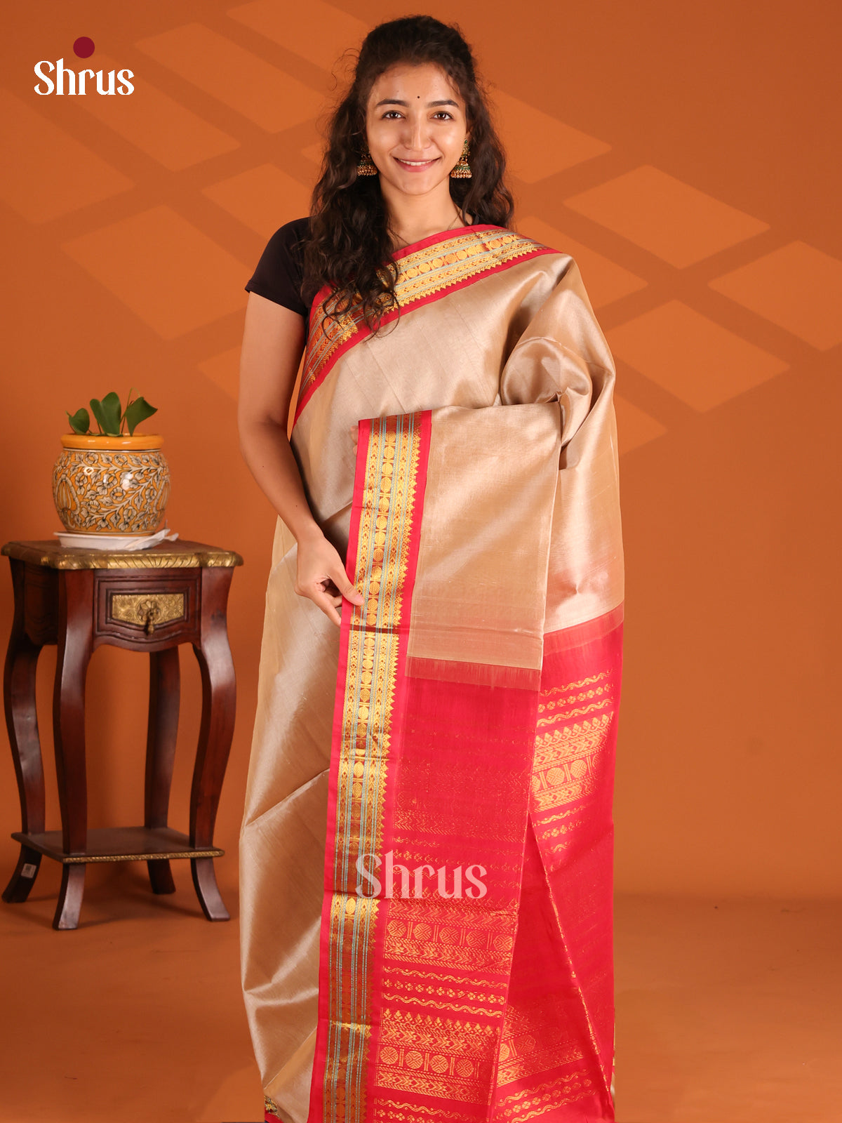 Timeless Beige Silk Cotton Saree with Red Zari Border & Contrast Blouse - Shop on Shrus.com