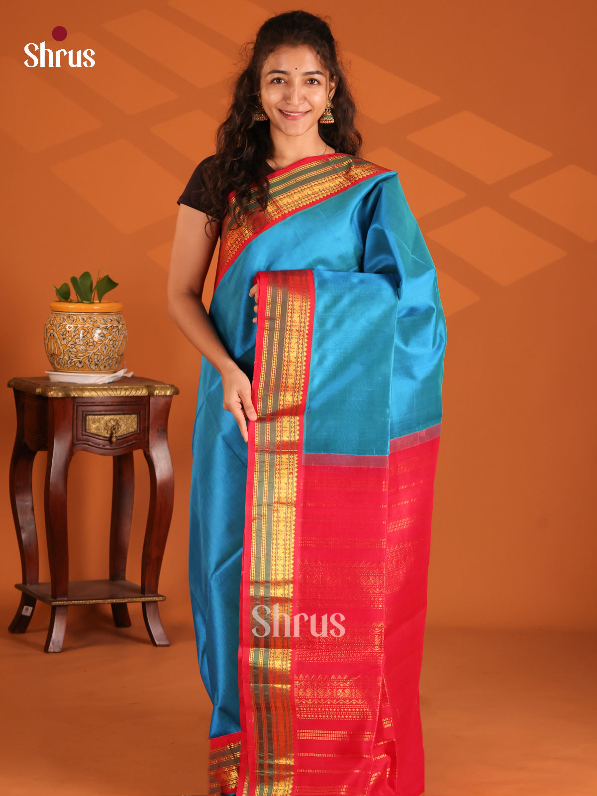 Blue and Red Silk Cotton Saree with rich traditional zari border