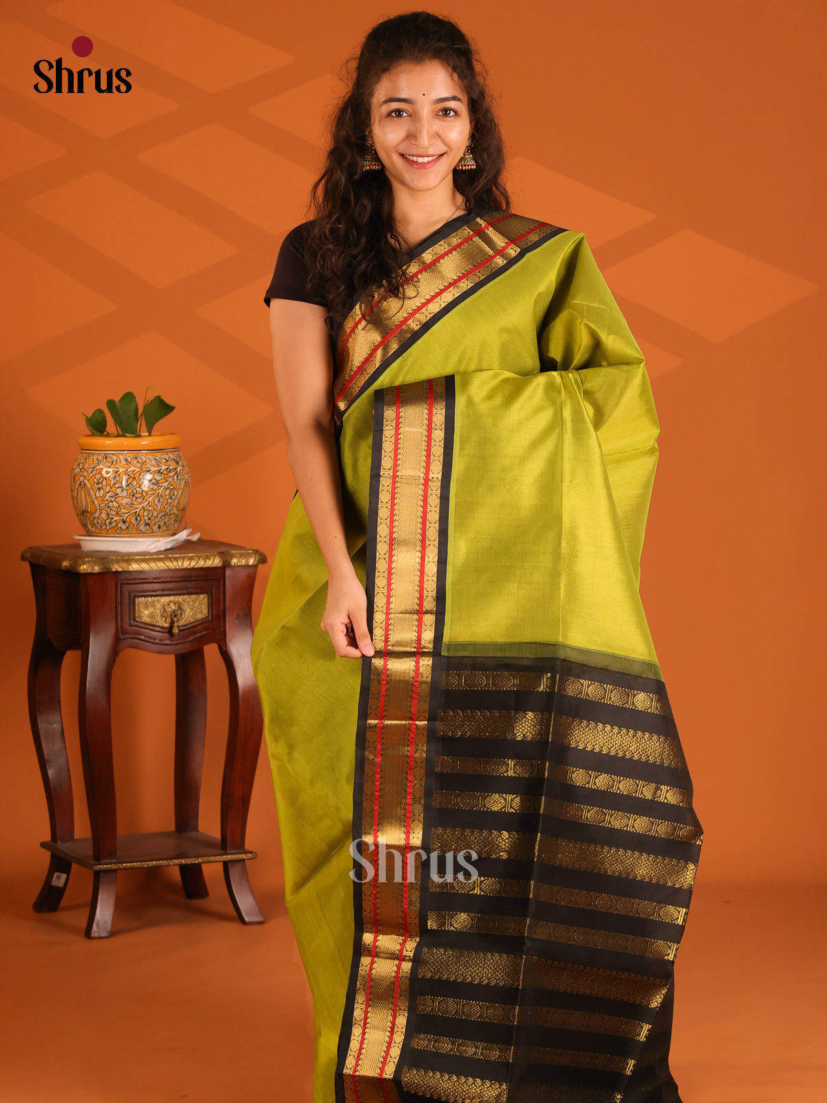 Leaf green and Black Silk Cotton Saree with zari rudraksham buttas border - Shop on Shrus.com