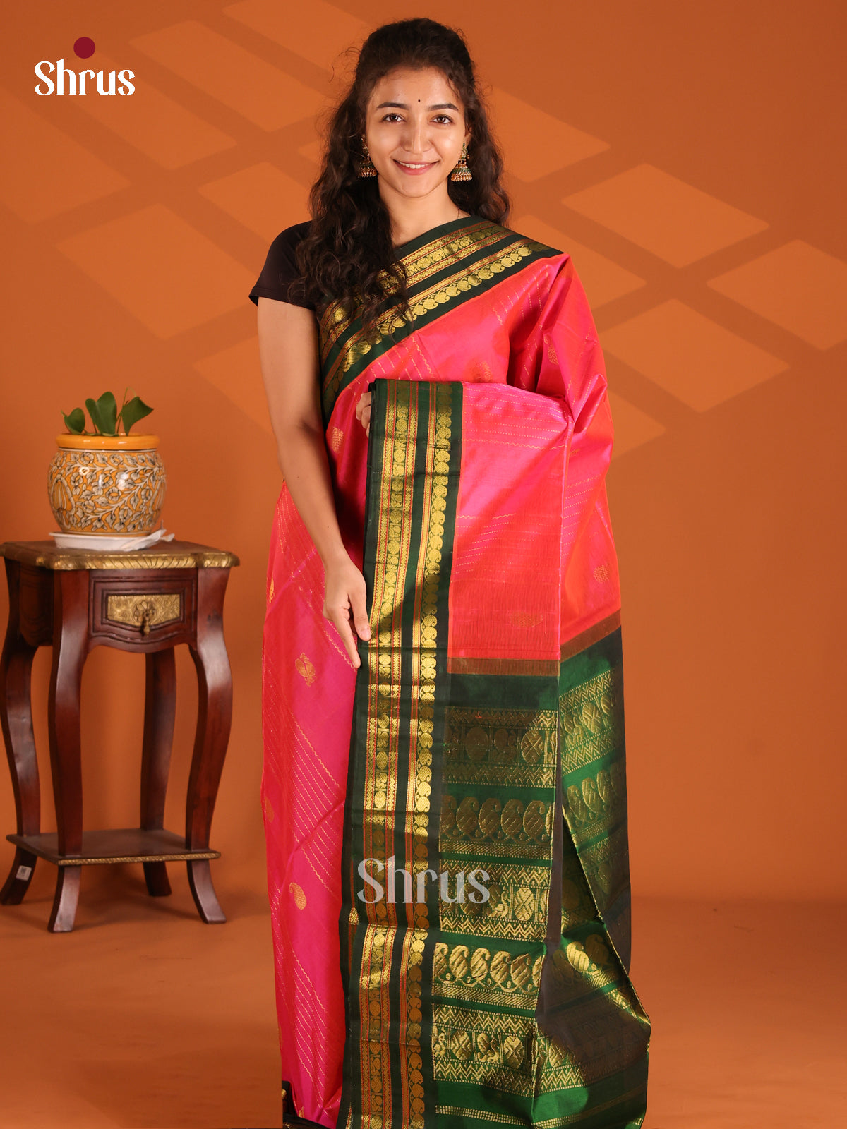 Ethreal Pink Silk Cotton Saree with Zari Stripes, Motifs & Green Zari Border - Shop on Shrus.com