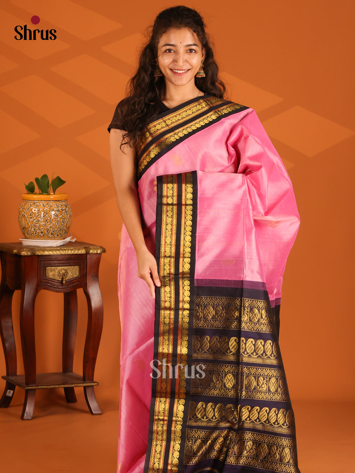 Elegant Pink Silk Cotton Saree with Zari Buttas & Black Zari Brocade Pallu - Shop on Shrus.com