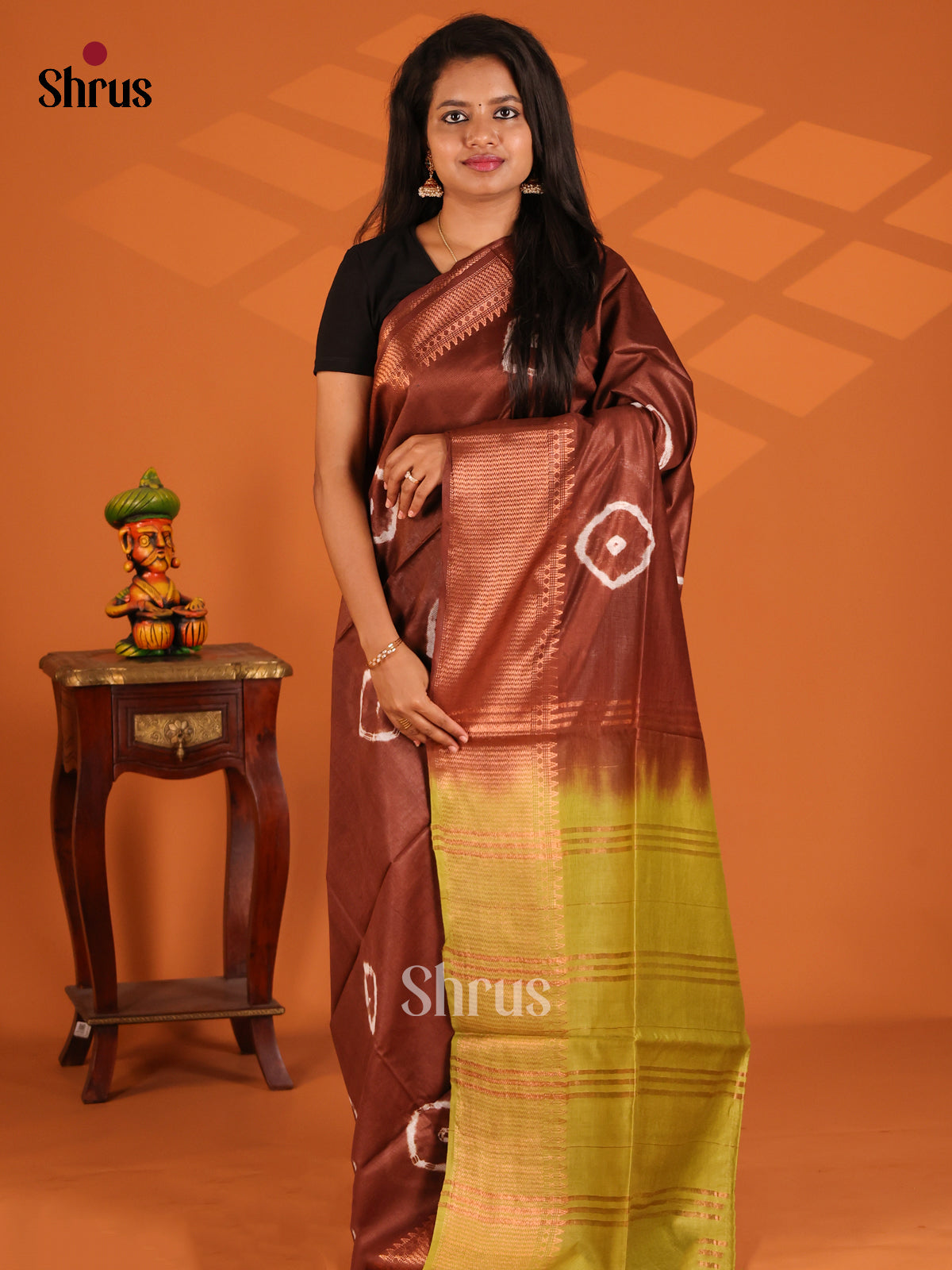 Brown with Green - shibori saree - Shop on Shrus.com
