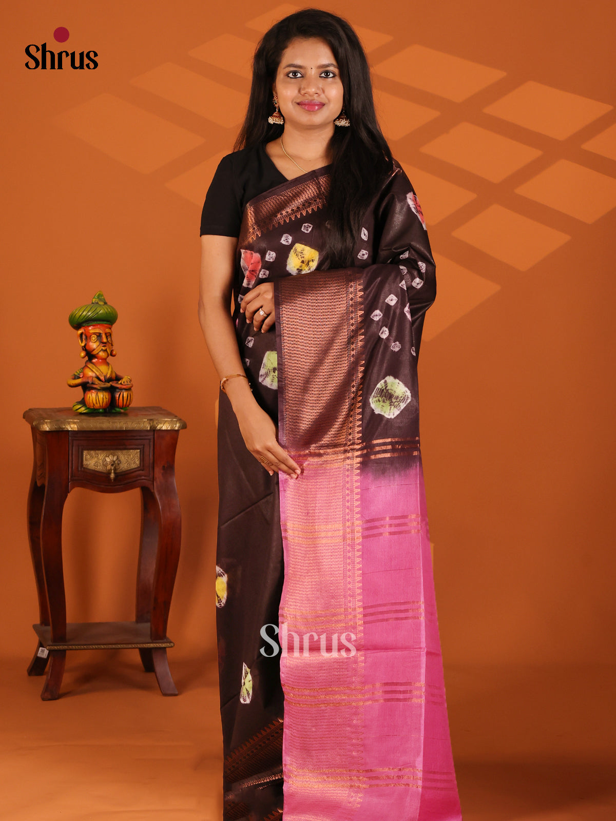 Brown with Pink - shibori saree - Shop on Shrus.com