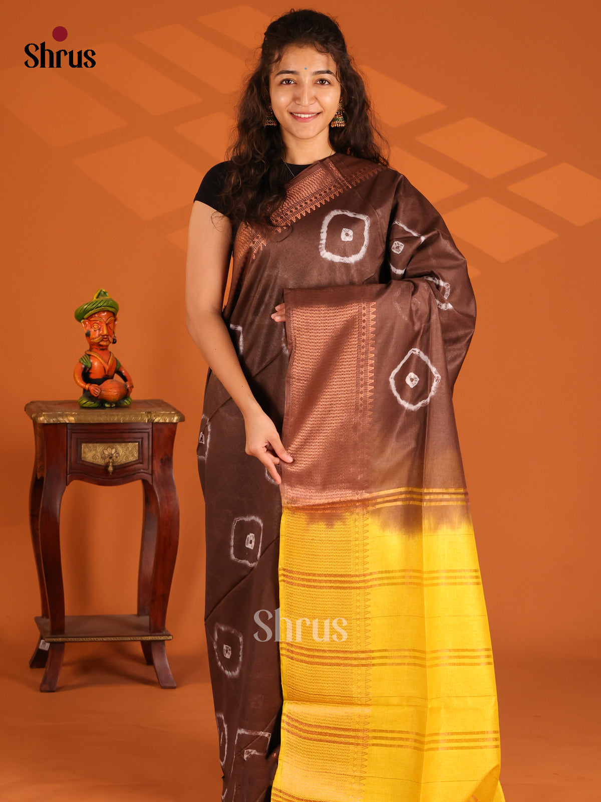 Brown with Yellow - Shibori Saree - Shop on Shrus.com
