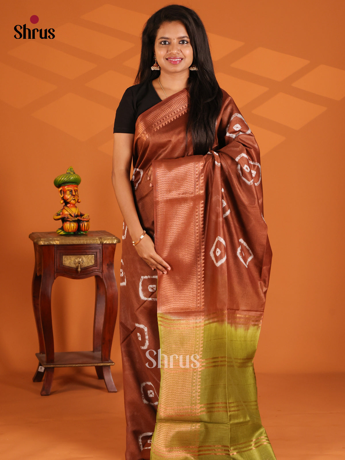 Brown & Green- shibori saree - Shop on Shrus.com