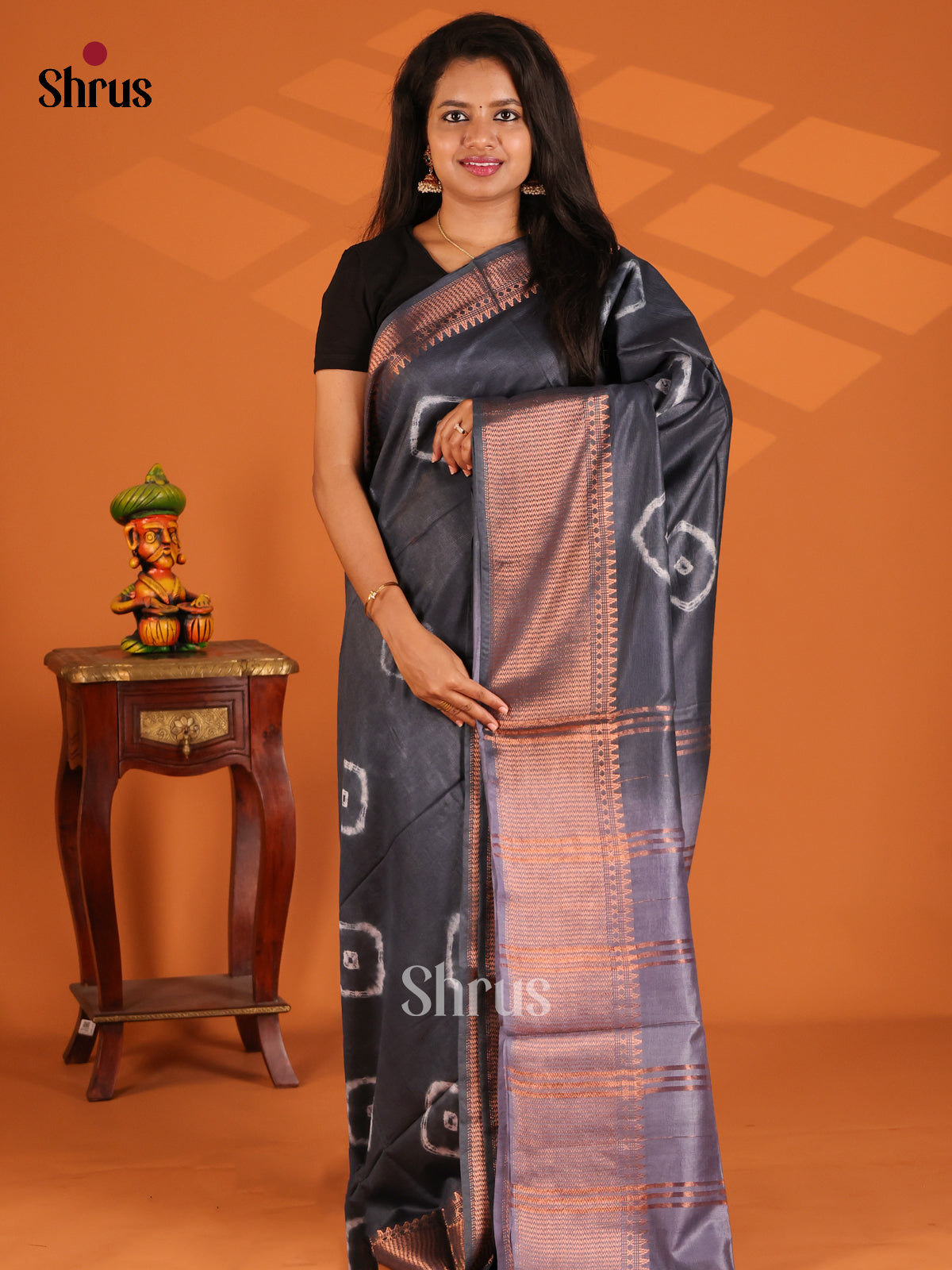 Elephant black & Grey- shibori saree - Shop on Shrus.com