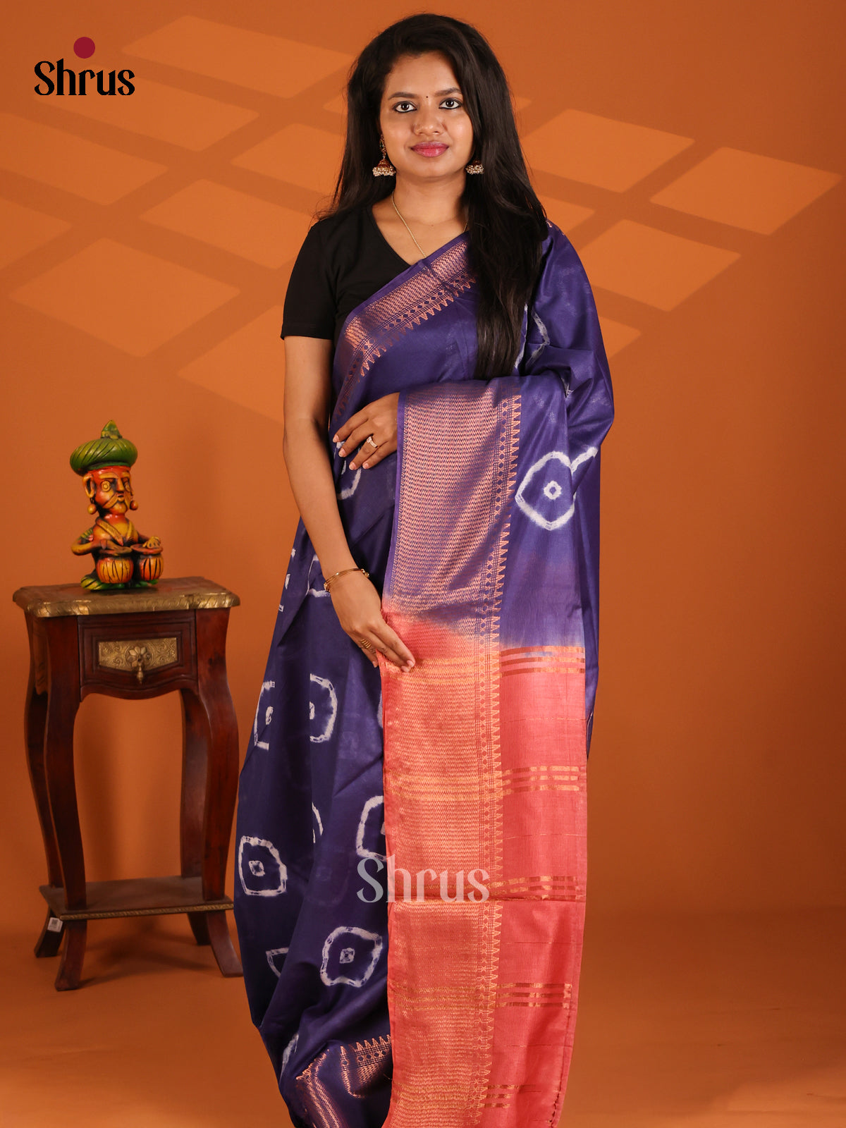 Blue with Orangish Pink- shibori saree - Shop on Shrus.com