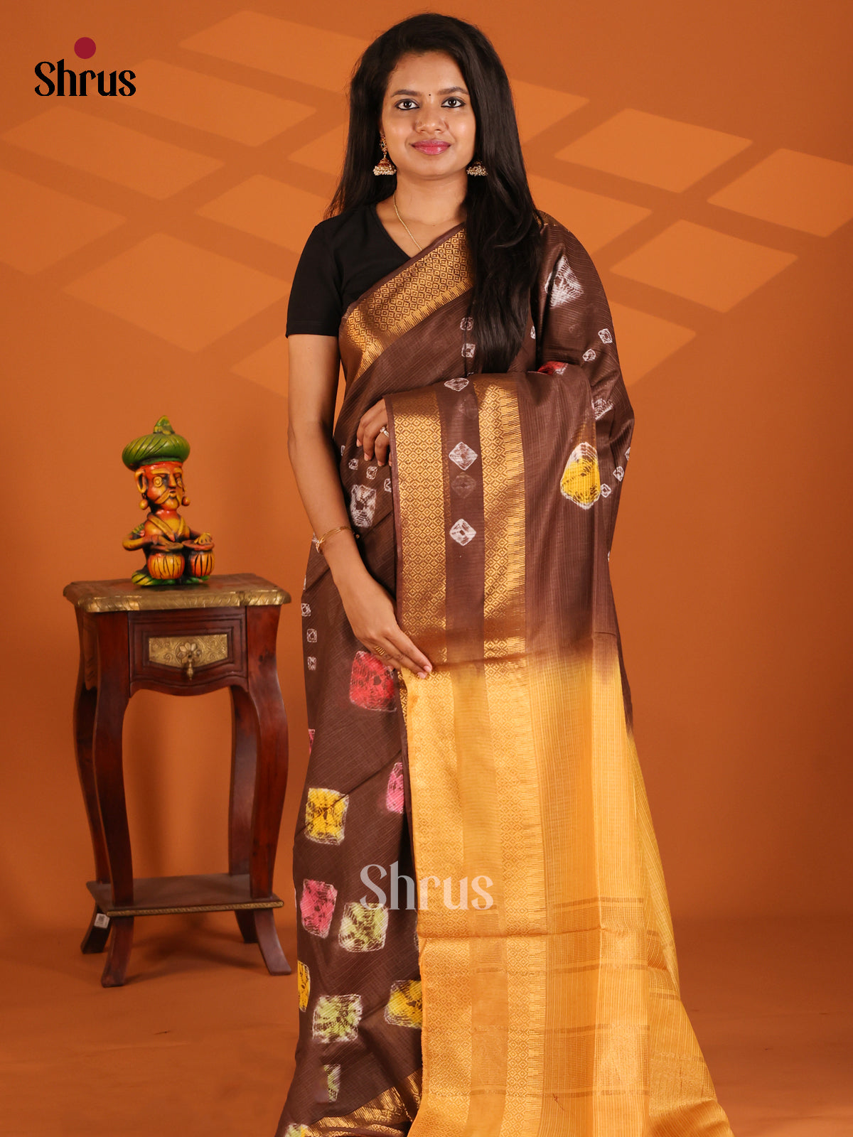 Brown with Brick - shibori saree - Shop on Shrus.com