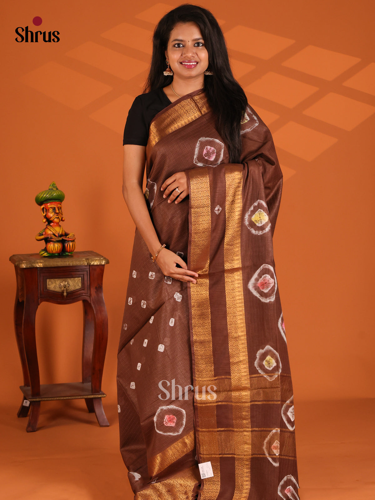 Brown - shibori saree - Shop on Shrus.com
