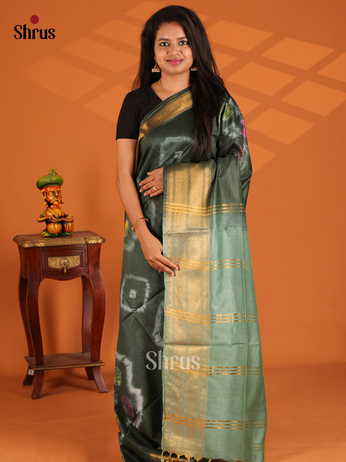 Green & Grey Green - shibori saree - Shop on Shrus.com