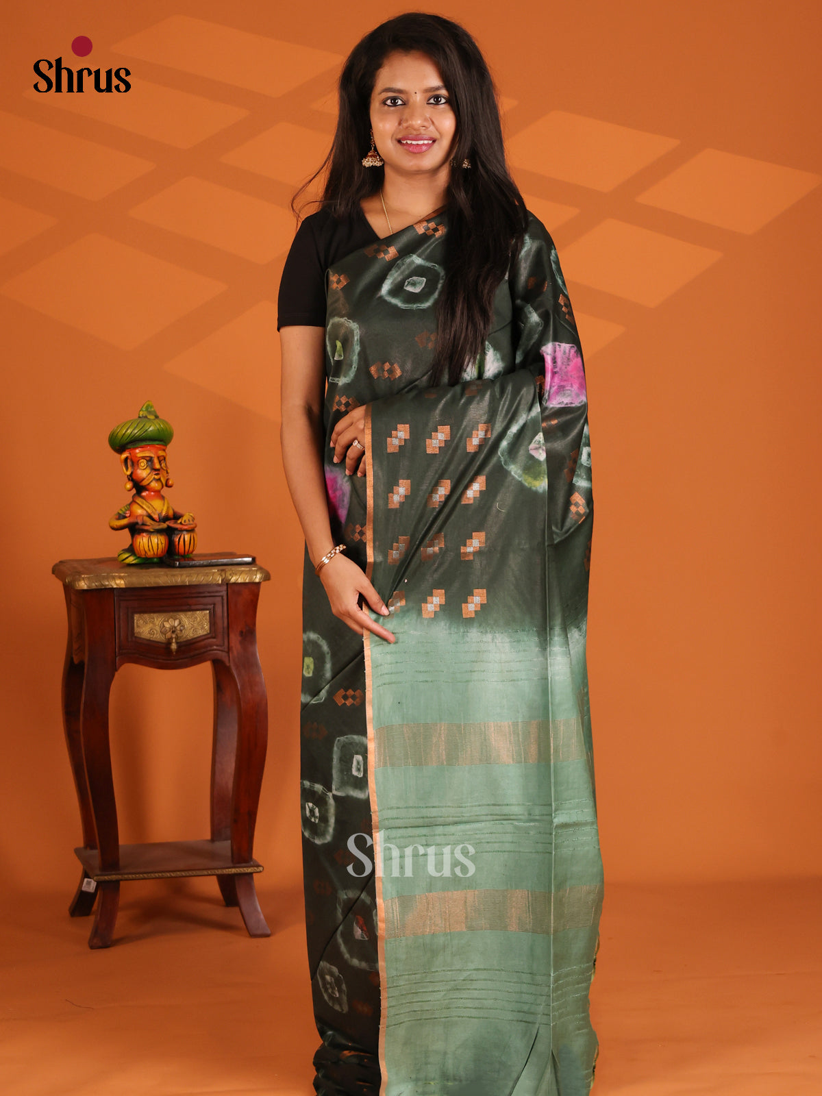 Green & Grey Green - shibori saree - Shop on Shrus.com