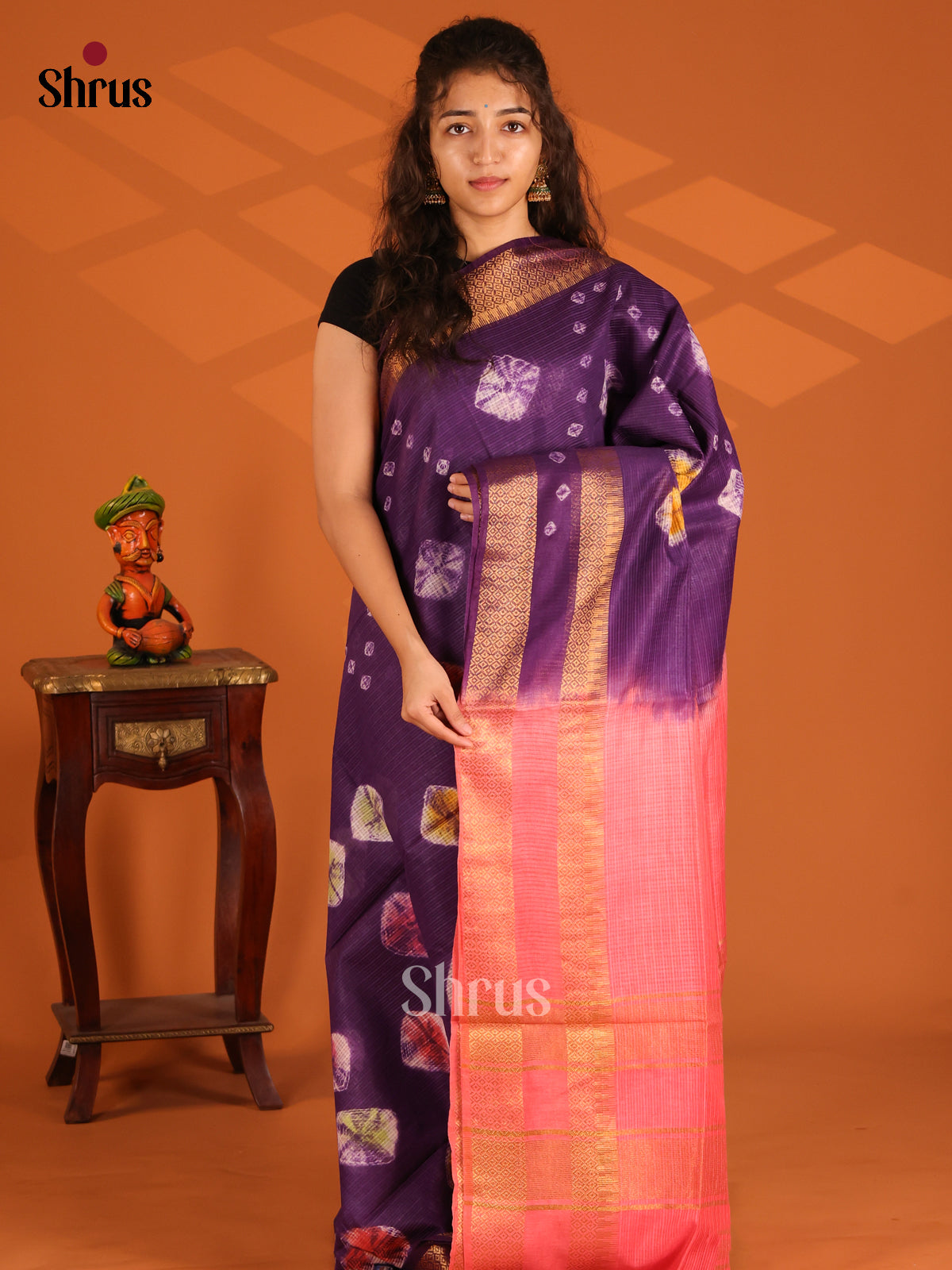 Violet with Orangish Pink- Shibori Saree - Shop on Shrus.com