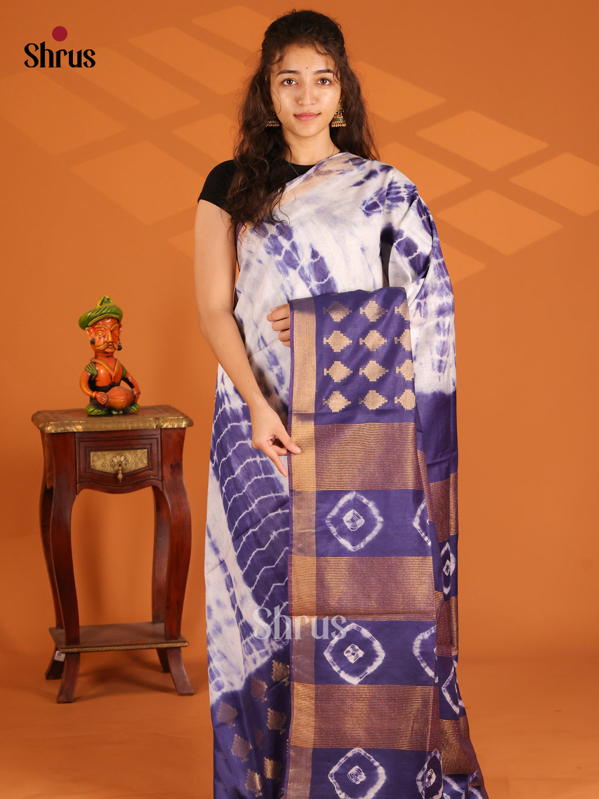 Cream & Blue - Shibori Saree - Shop on Shrus.com