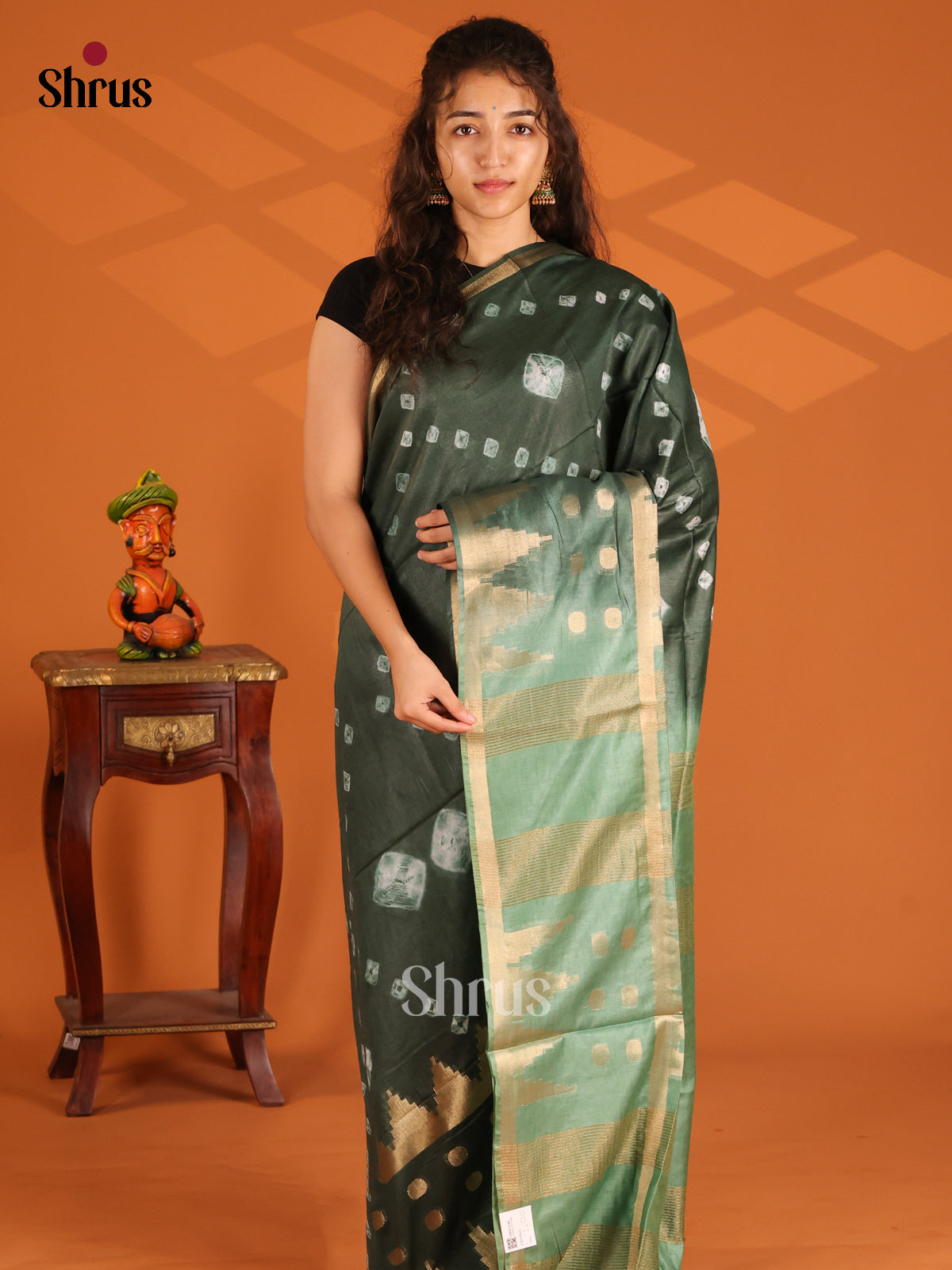 Green & Grey Green - Shibori Saree - Shop on Shrus.com