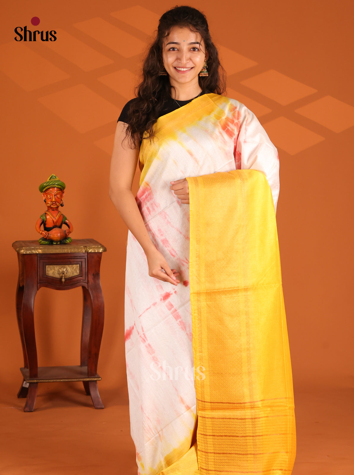 Cream & Yellow - Shibori Saree - Shop on Shrus.com