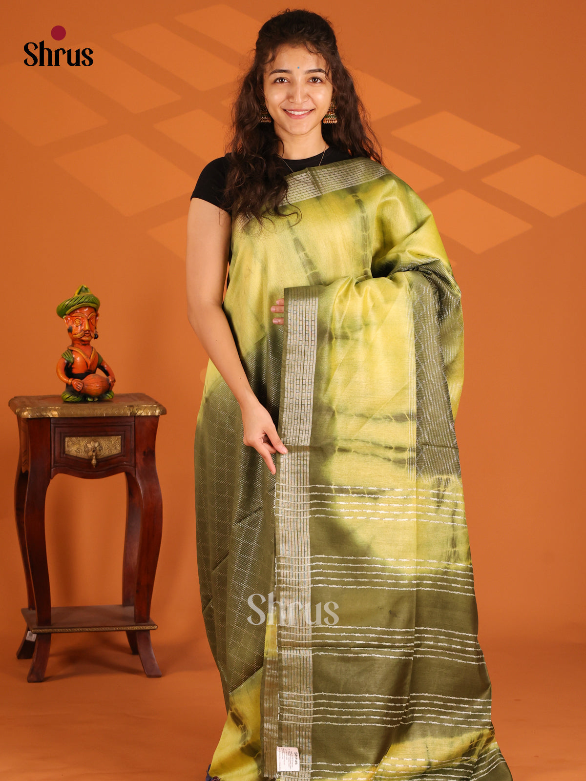 Yellow & Chutney Green - Shibori Saree - Shop on Shrus.com