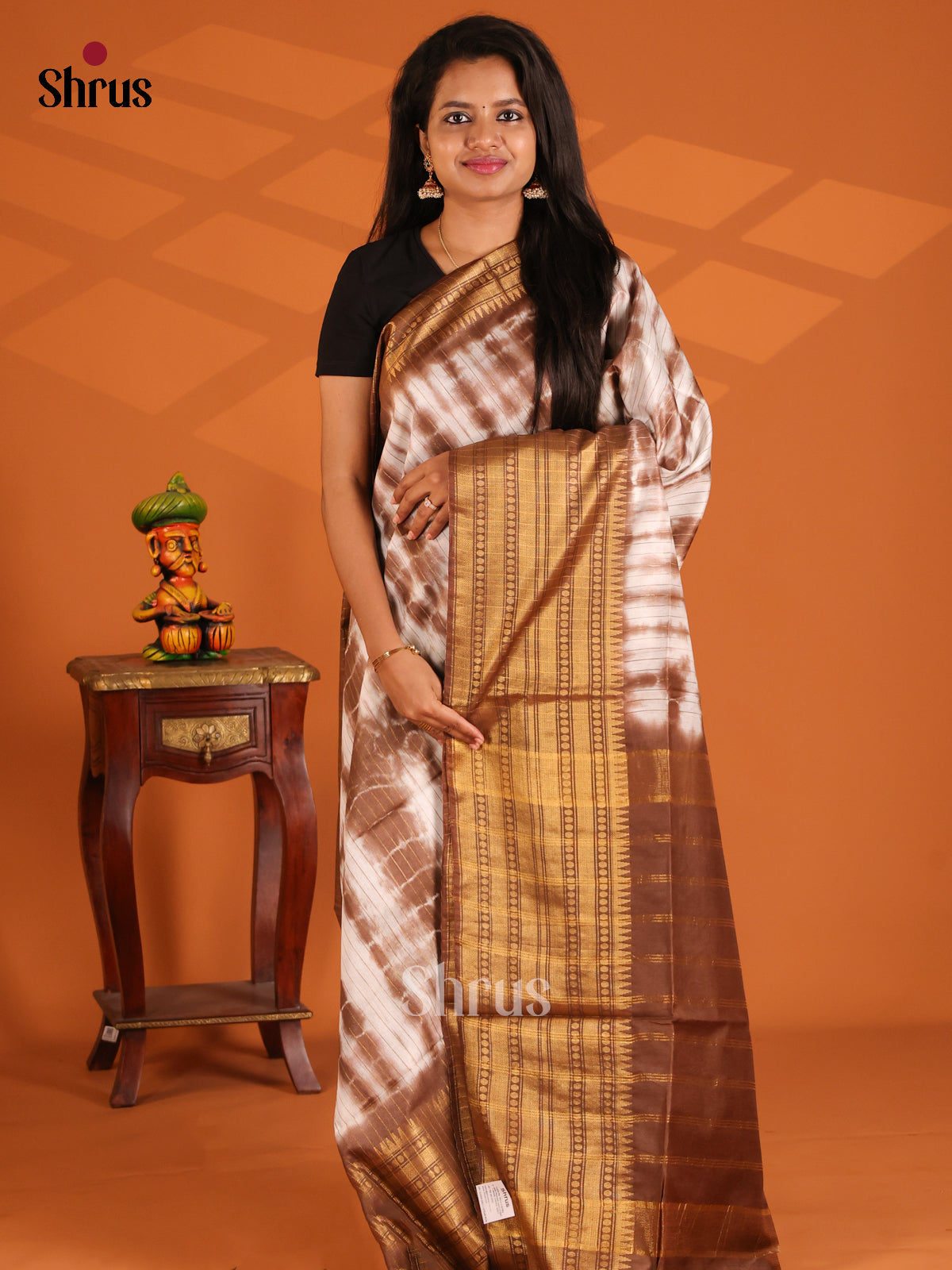 Cream & Brown - shibori saree - Shop on Shrus.com