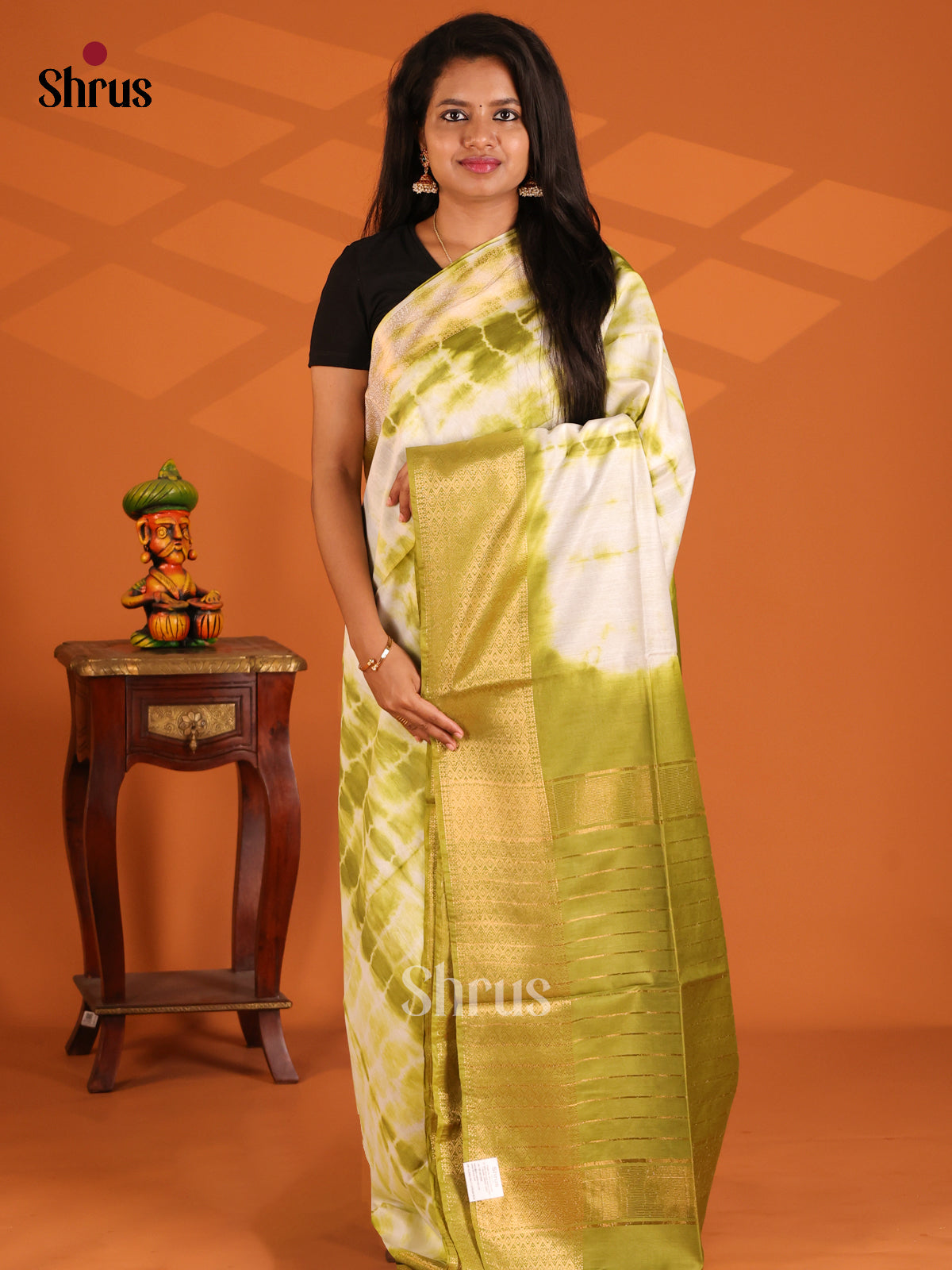 Cream & Green- shibori saree - Shop on Shrus.com