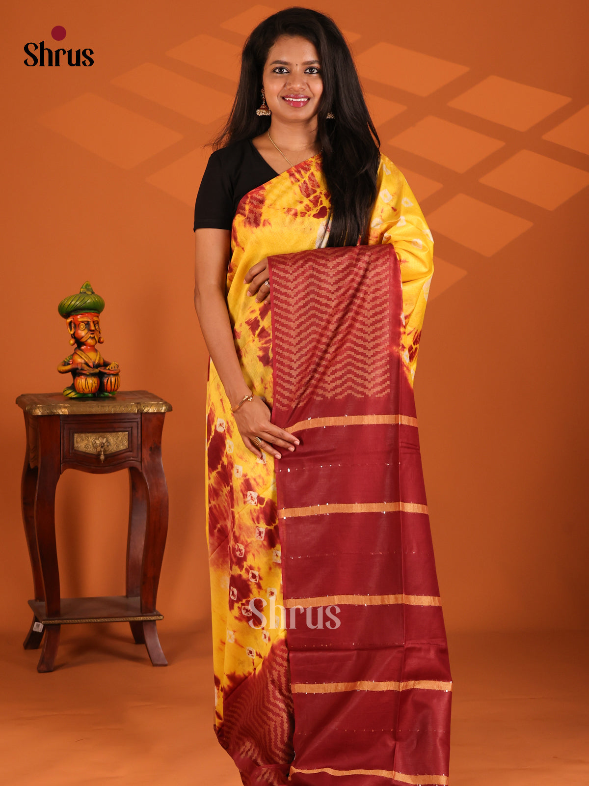 Yellow & Maroon - shibori saree - Shop on Shrus.com