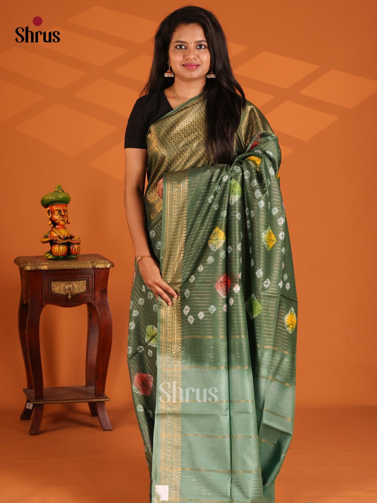 Green & Grey Green - shibori saree - Shop on Shrus.com