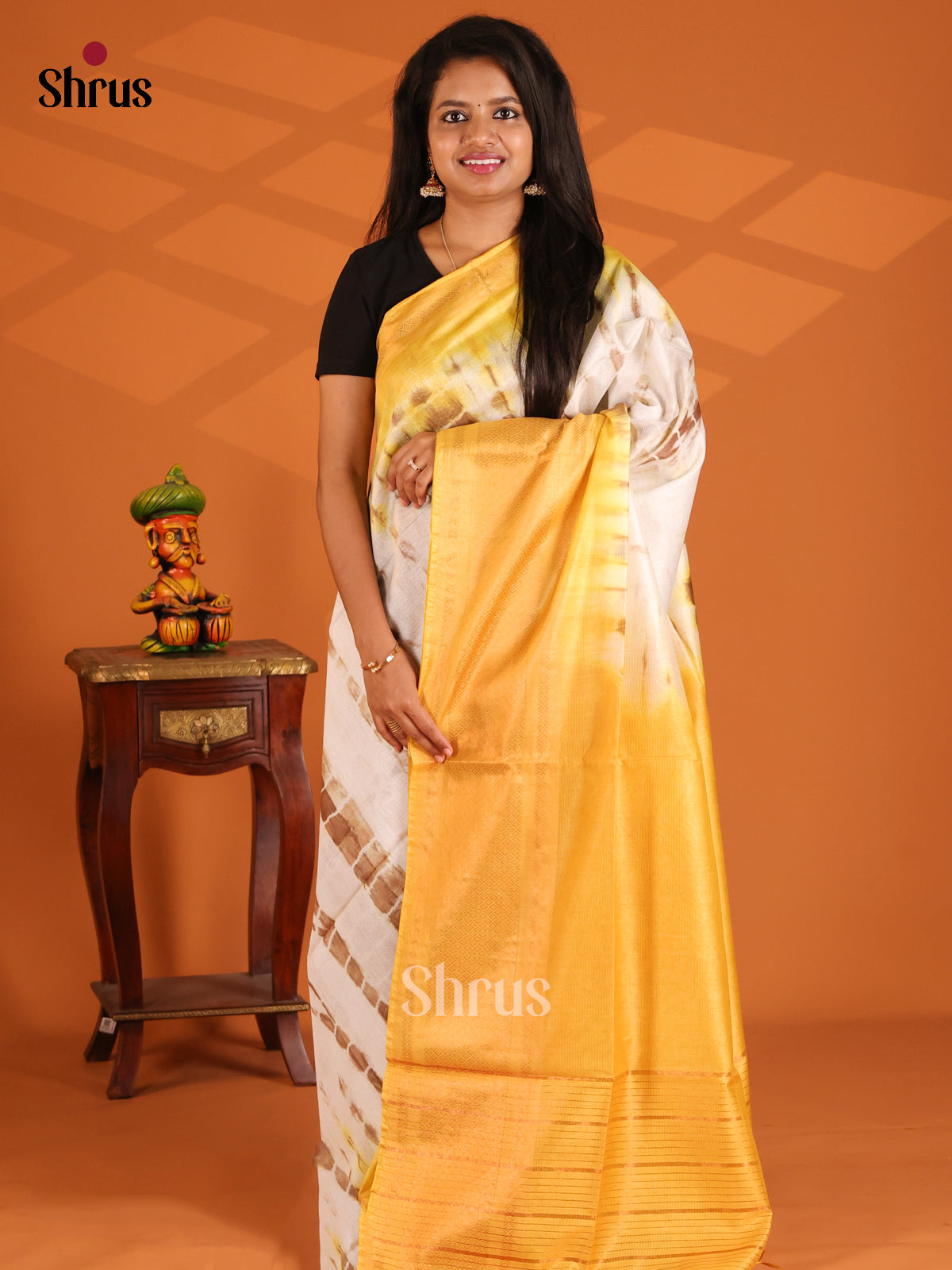 White & Mustard- shibori saree - Shop on Shrus.com
