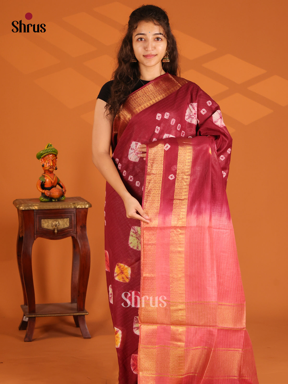 Maroon & Pink - Shibori Saree - Shop on Shrus.com