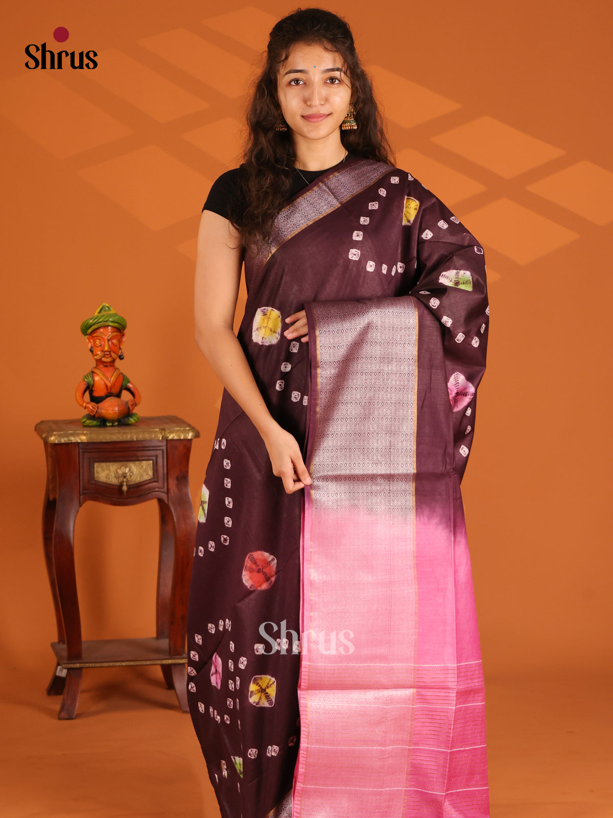 Brown & Pink- Shibori Saree - Shop on Shrus.com