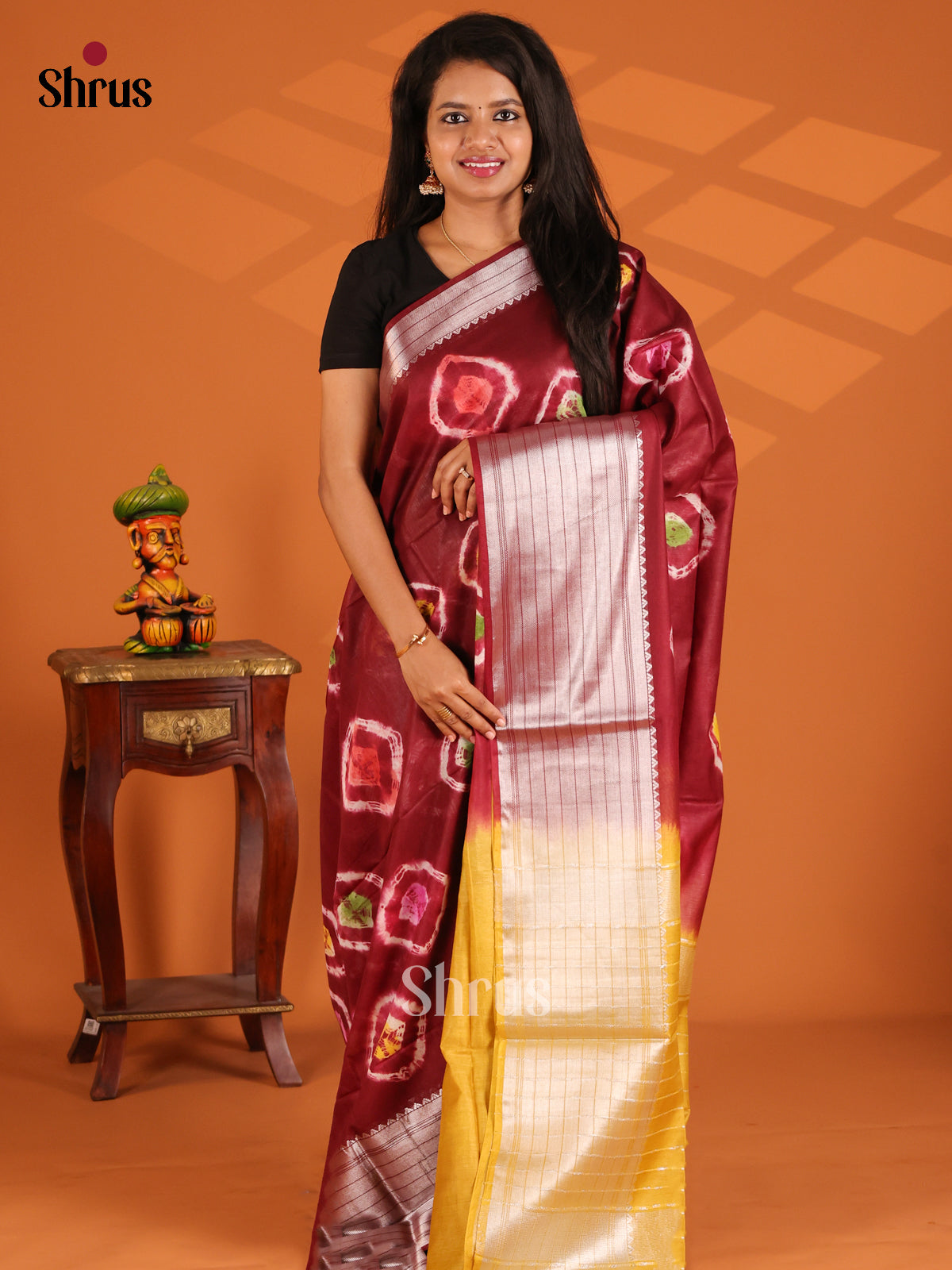 Maroon with Yellow- shibori saree - Shop on Shrus.com