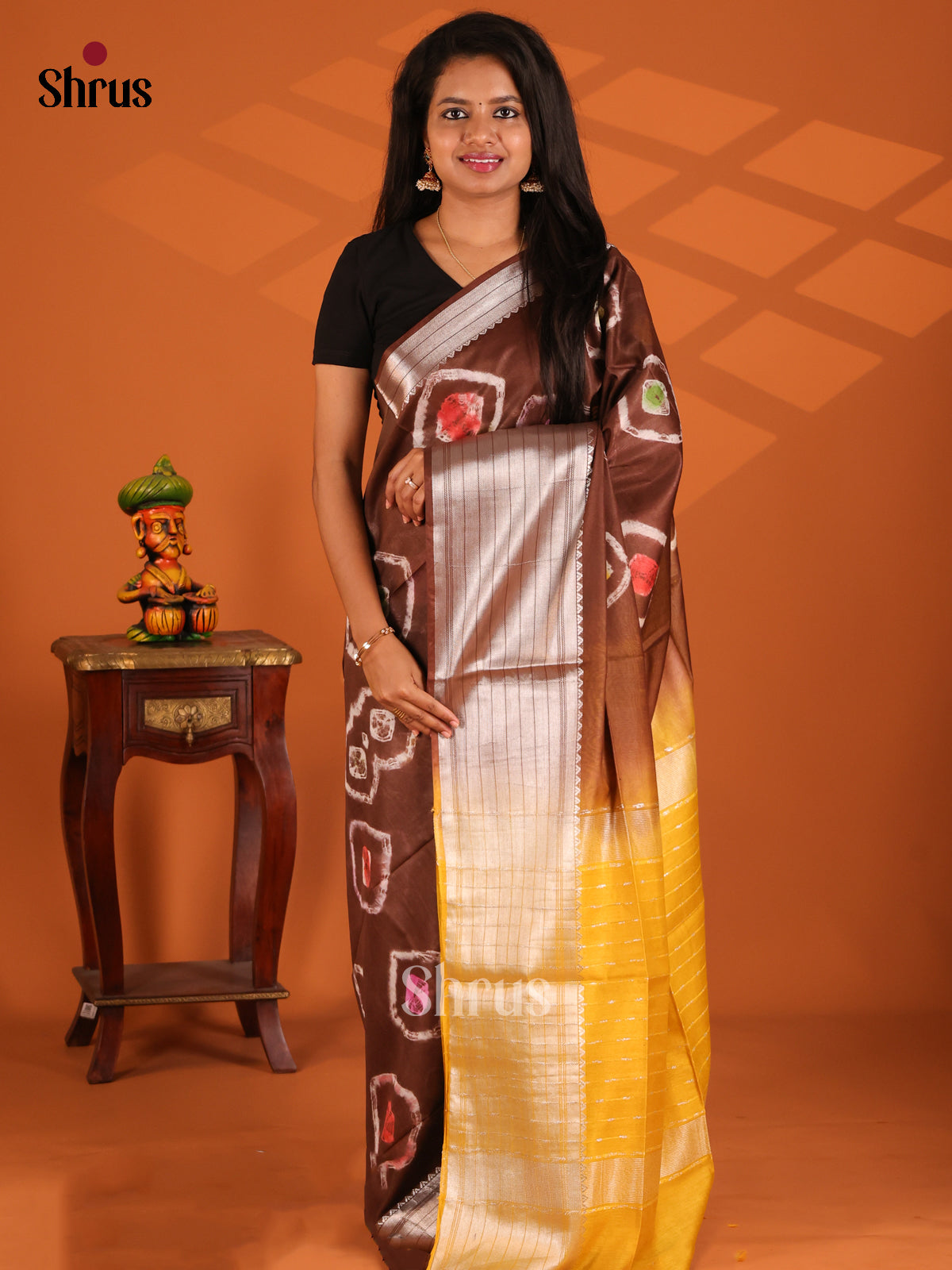 Brown & Yellow - shibori saree - Shop on Shrus.com