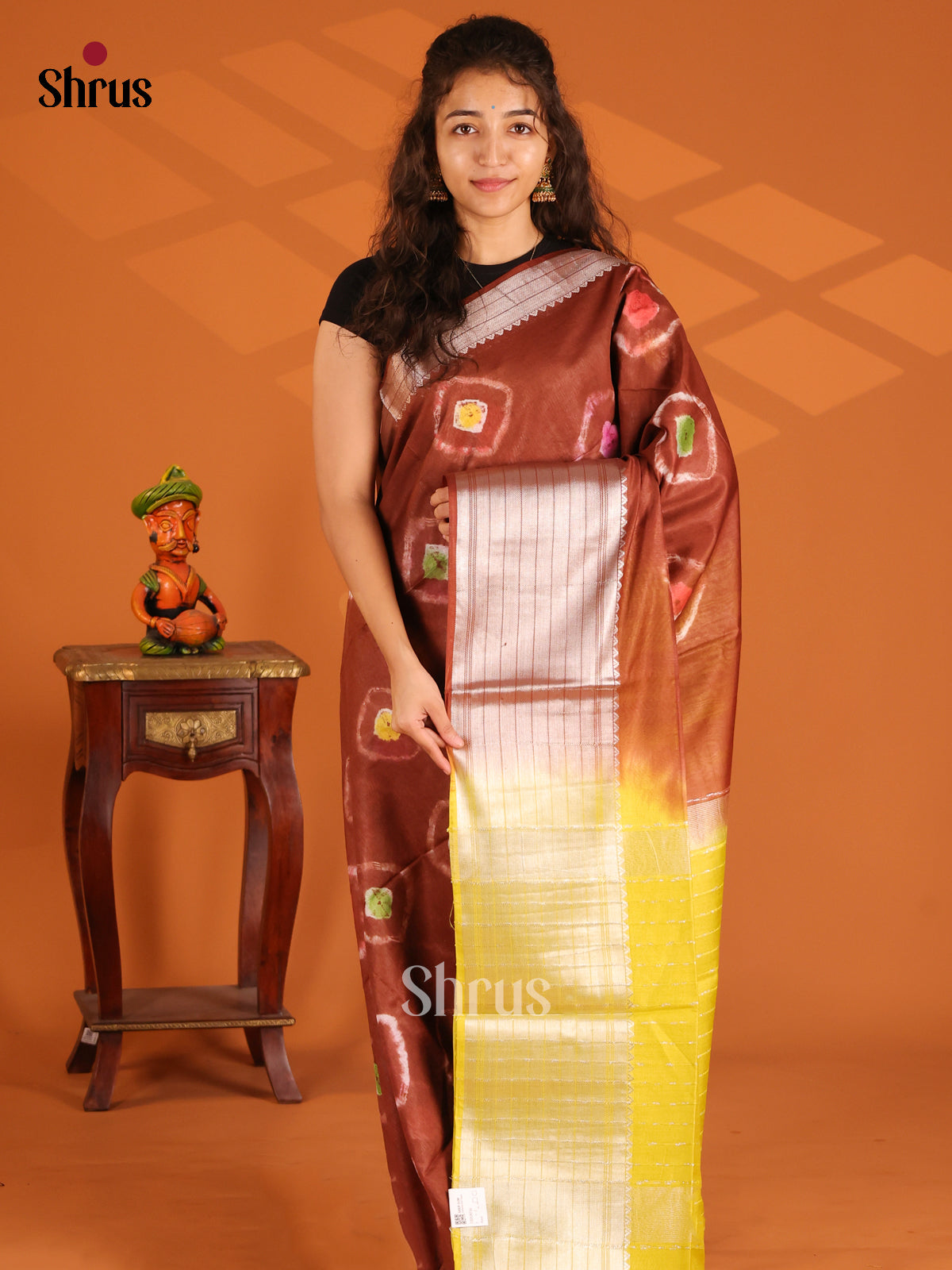 Brown & Yellow - Shibori Saree - Shop on Shrus.com