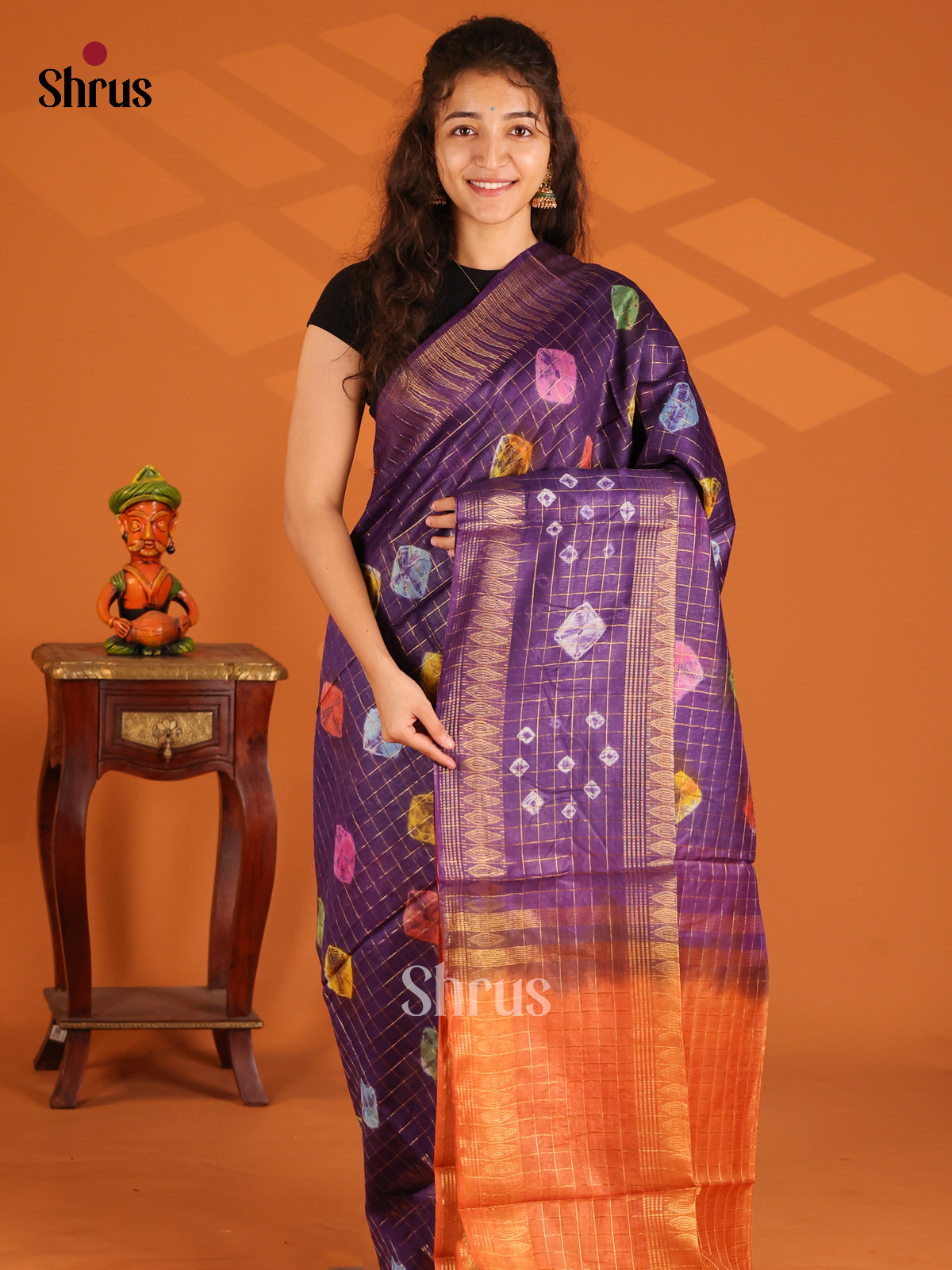 Violet with Orange - Shibori Saree - Shop on Shrus.com