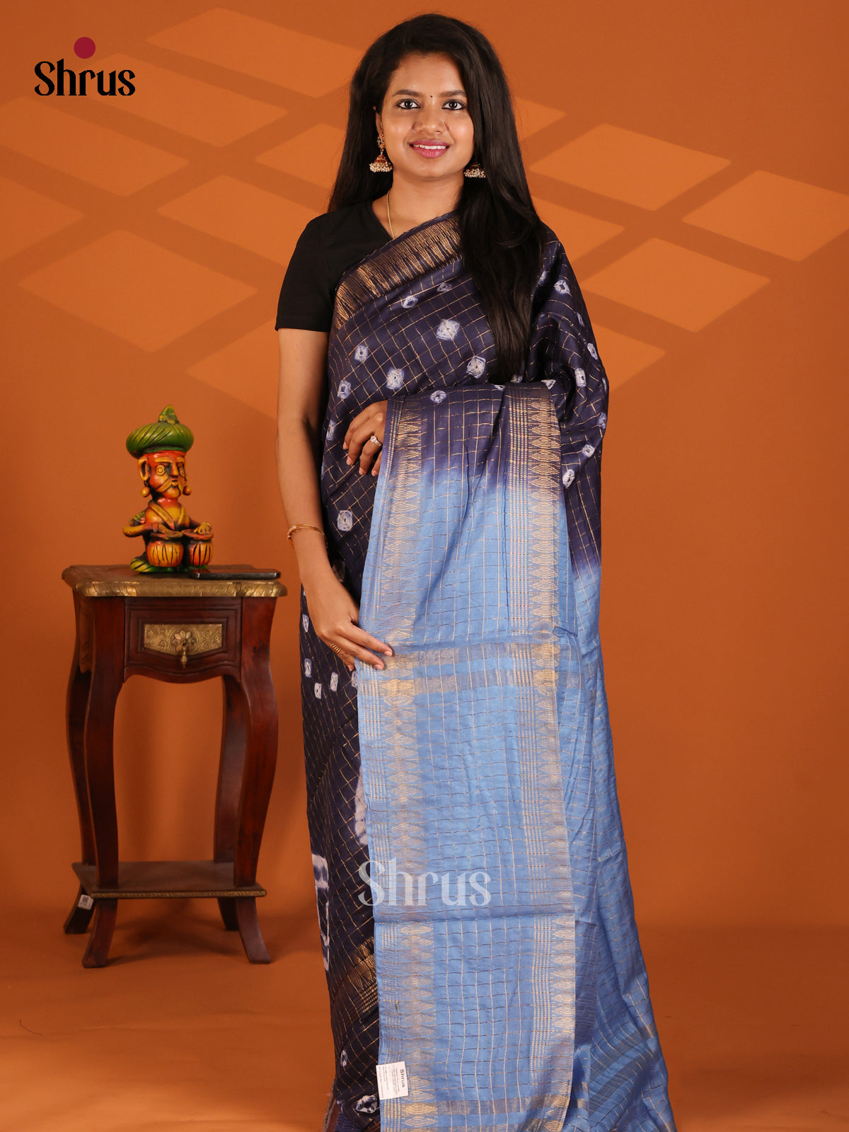 Navy Blue With Blue - shibori saree - Shop on Shrus.com