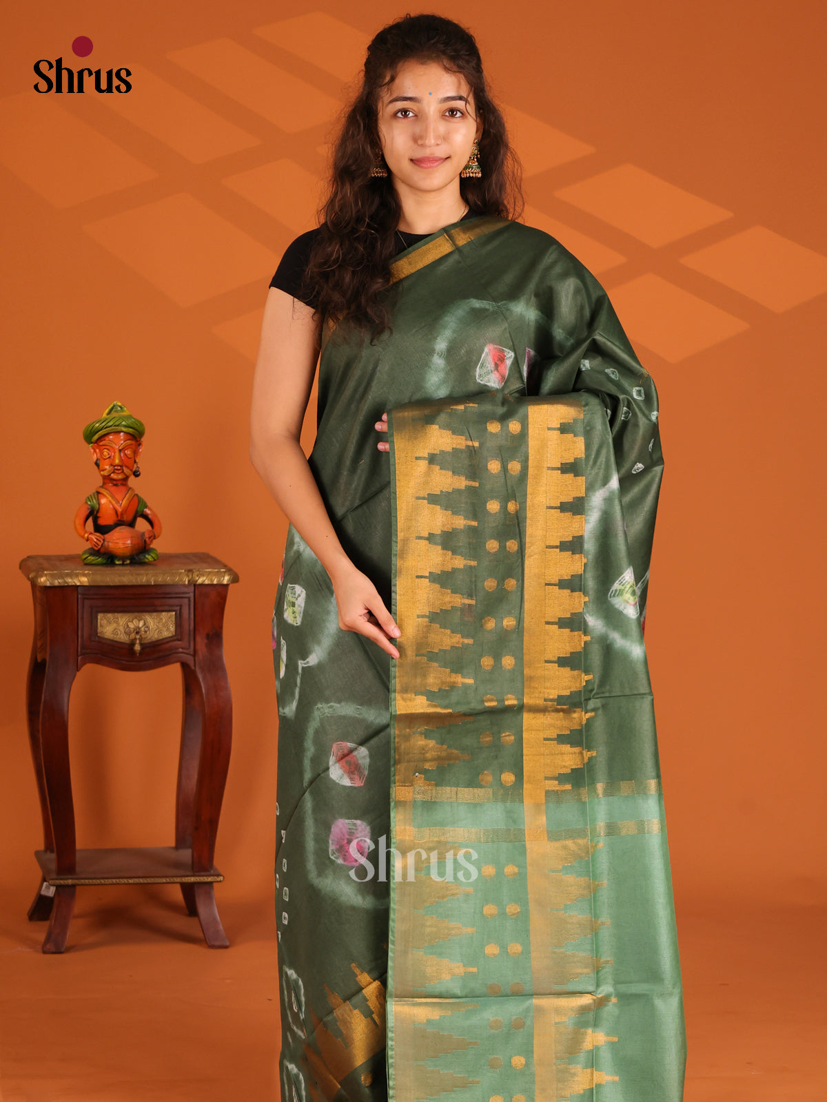 Green & Grey Green - Shibori Saree - Shop on Shrus.com