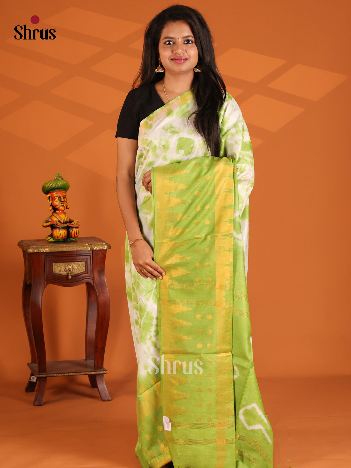 Cream & Lite Green- shibori saree - Shop on Shrus.com