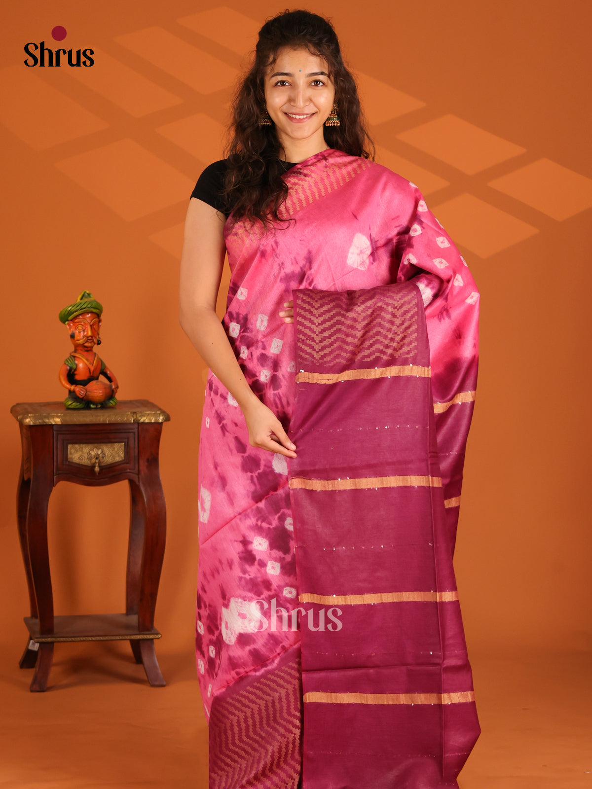 Pink with Maroon - Shibori Saree - Shop on Shrus.com
