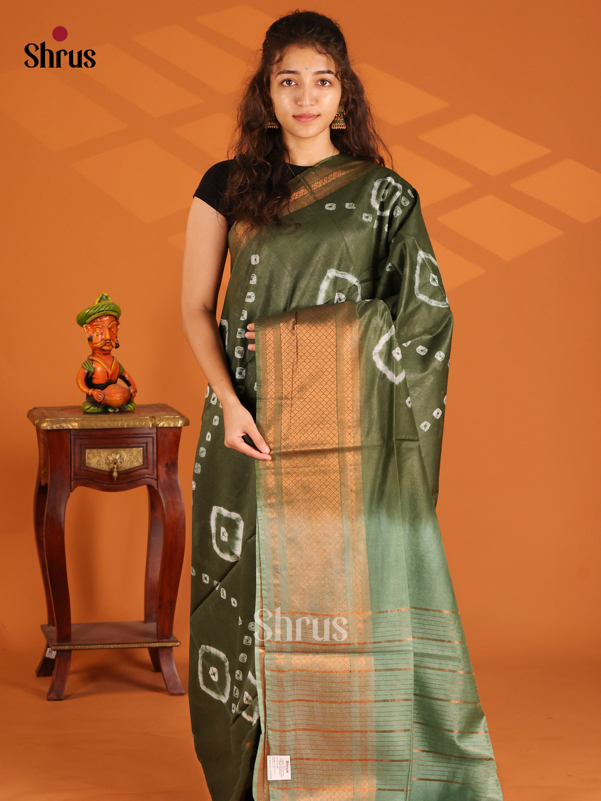 Green with Grey Green - Shibori Saree - Shop on Shrus.com