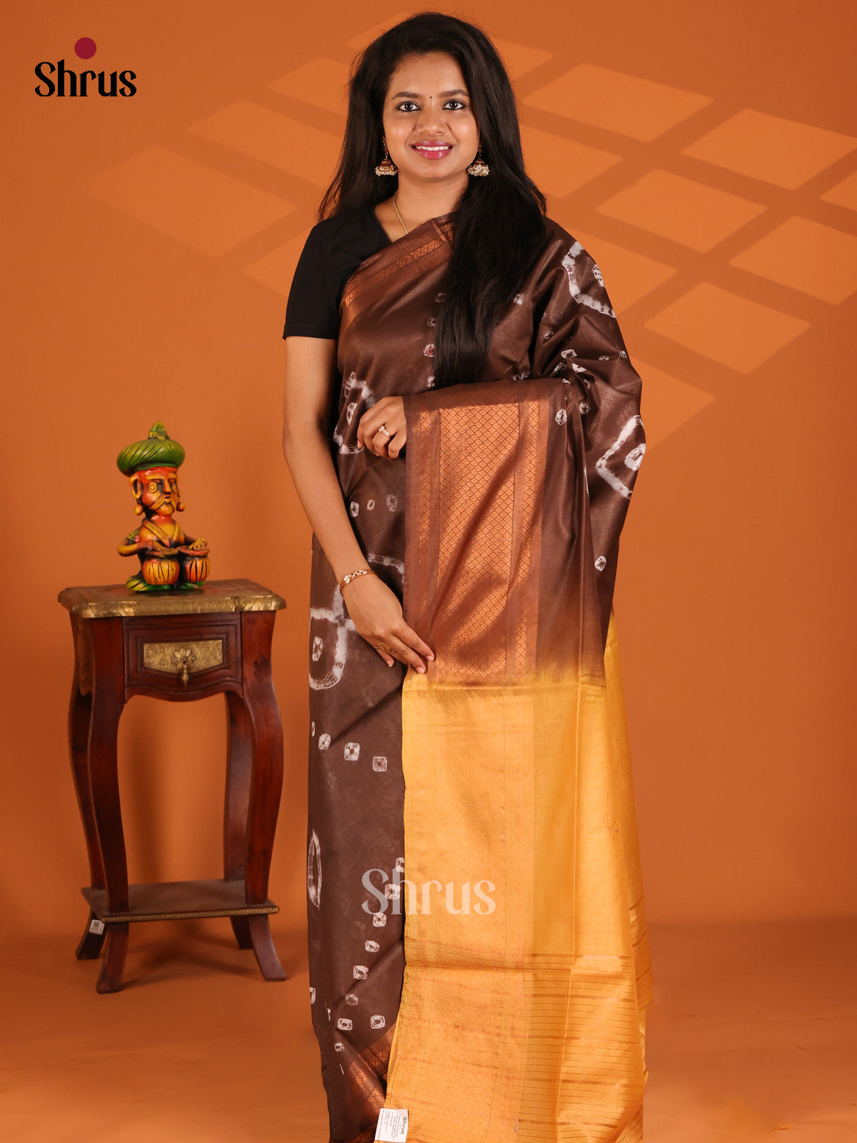 Brown with Musard - shibori saree - Shop on Shrus.com