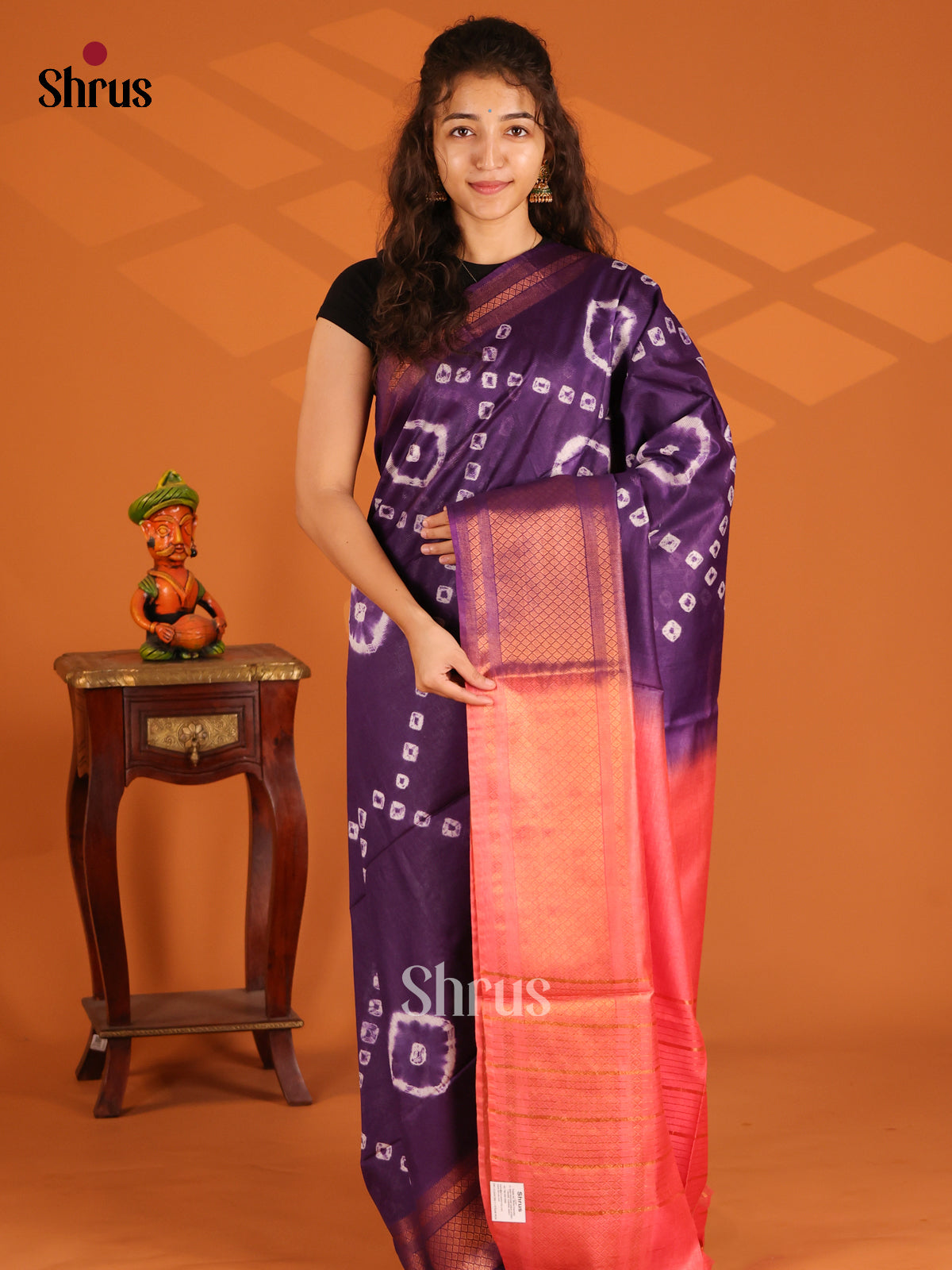 Violet with Orangish Pink - Shibori Saree - Shop on Shrus.com