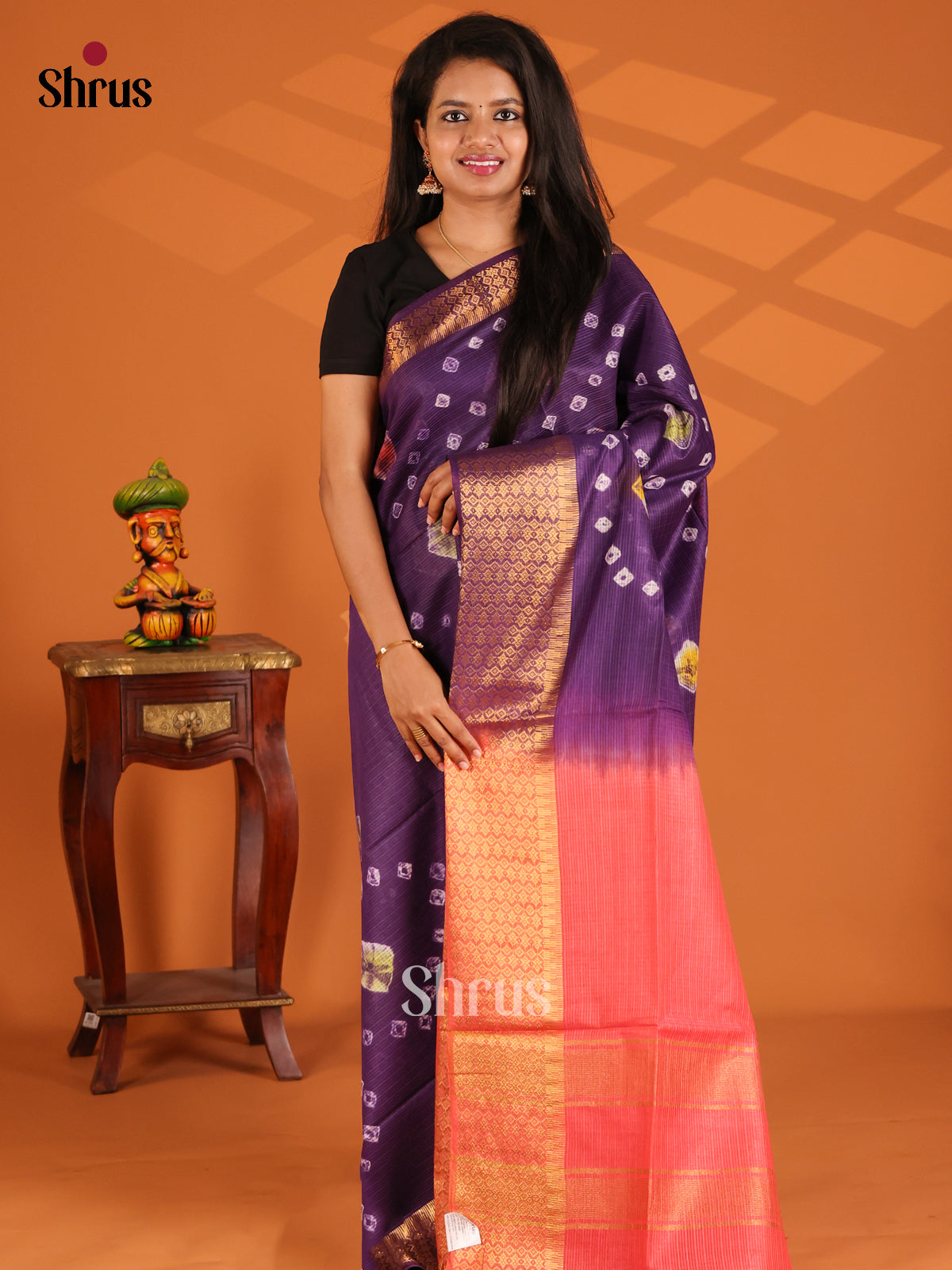 Violet with Orangish Pink - shibori saree - Shop on Shrus.com