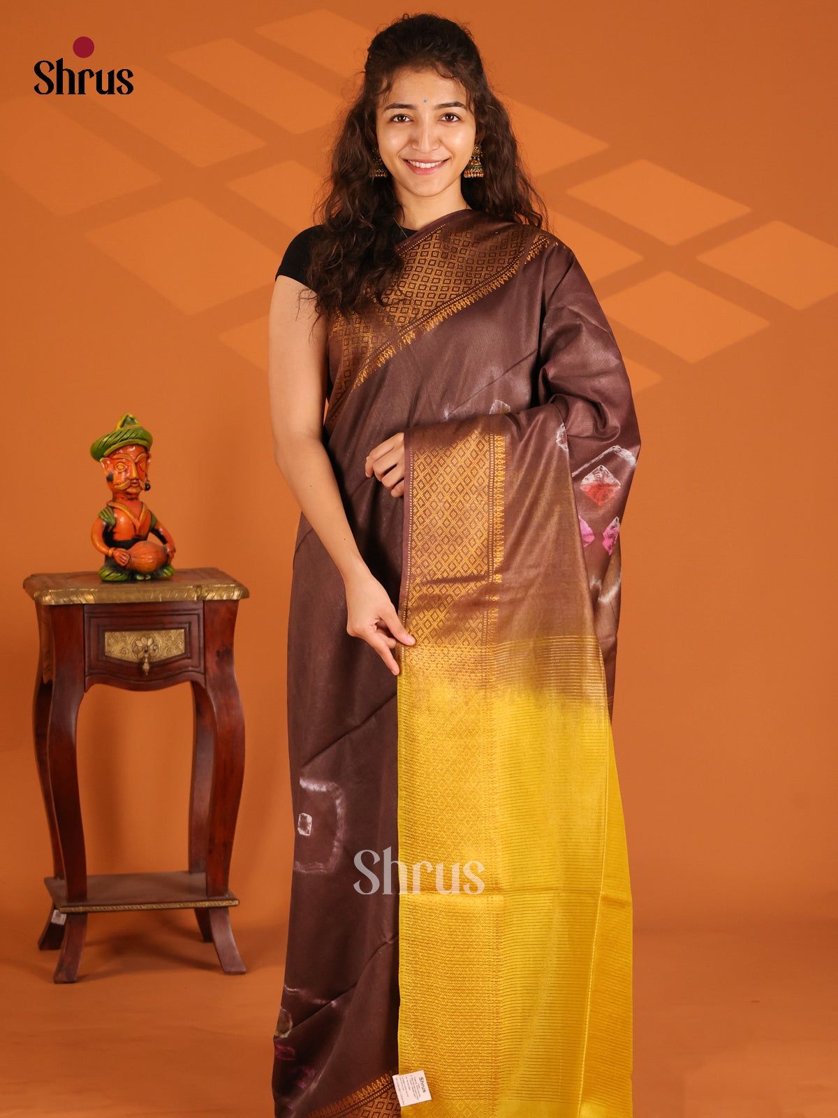 Brown with Mustard - Shibori Saree - Shop on Shrus.com