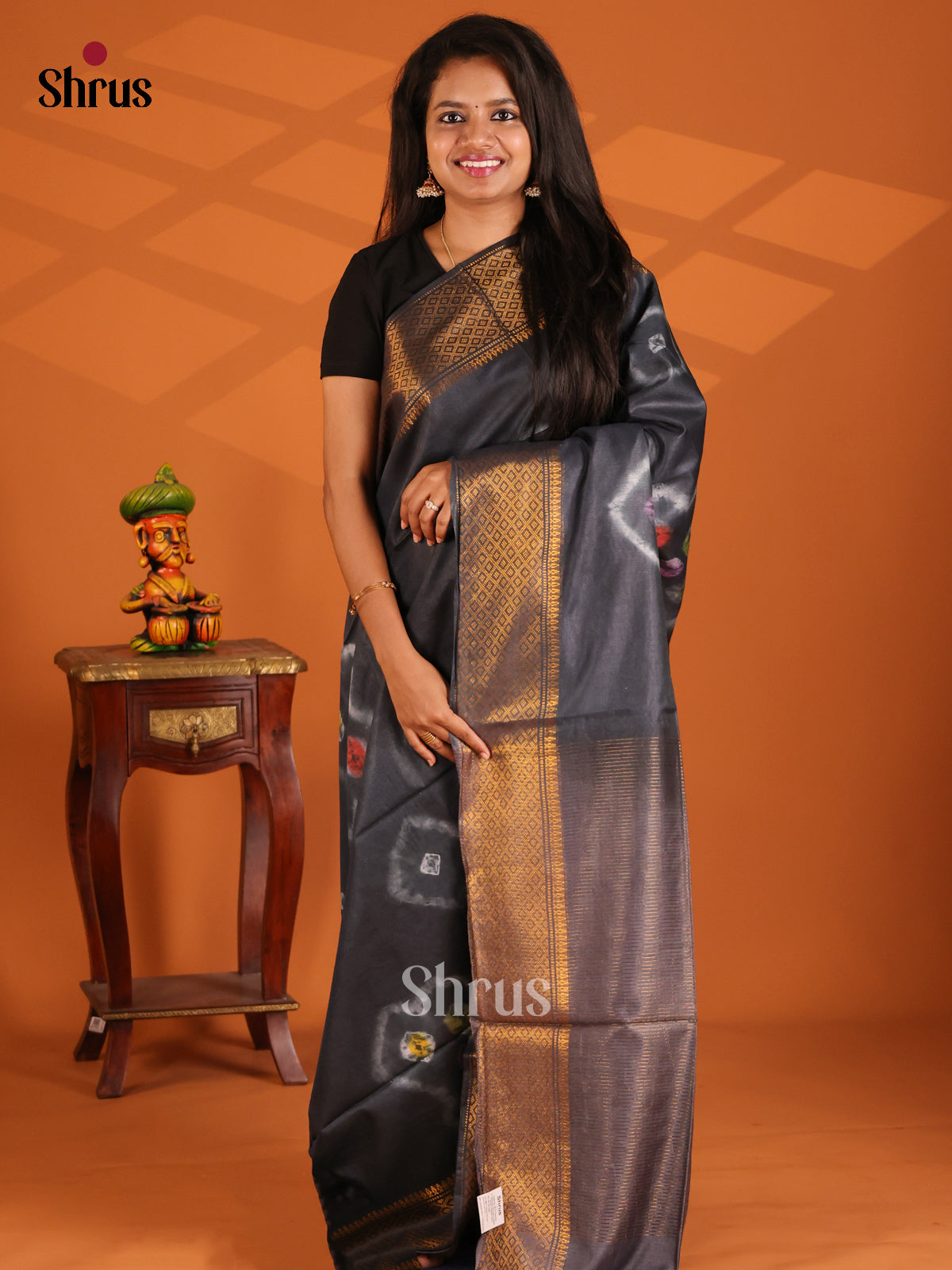 Black with Grey- shibori saree - Shop on Shrus.com